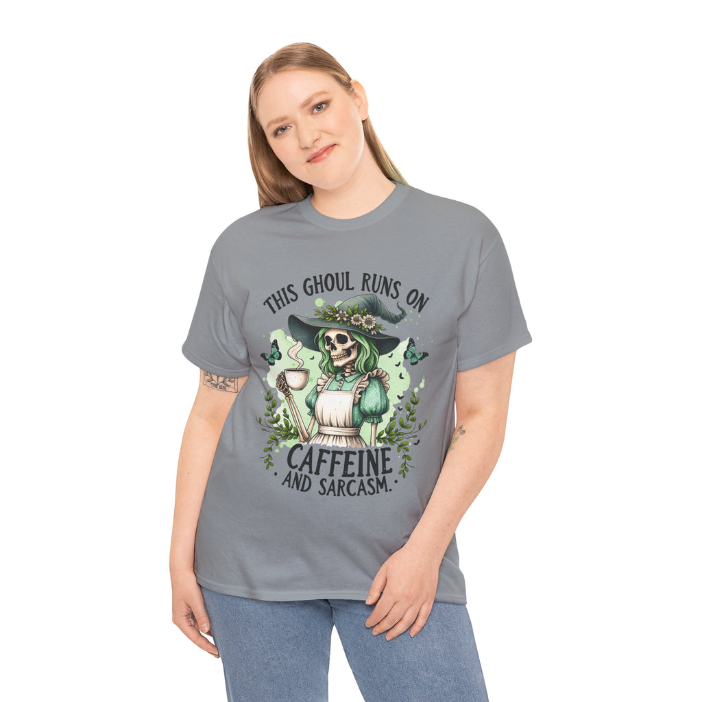 Caffeine and Sarcasm, Funny Halloween Tee, Unisex Tee, Perfect for Gifting, October Festivities, Casual Wear, Skeleton Graphic Tee