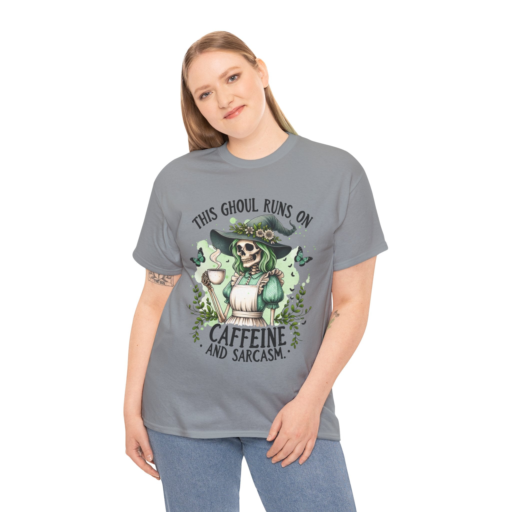 Caffeine and Sarcasm, Funny Halloween Tee, Unisex Tee, Perfect for Gifting, October Festivities, Casual Wear, Skeleton Graphic Tee
