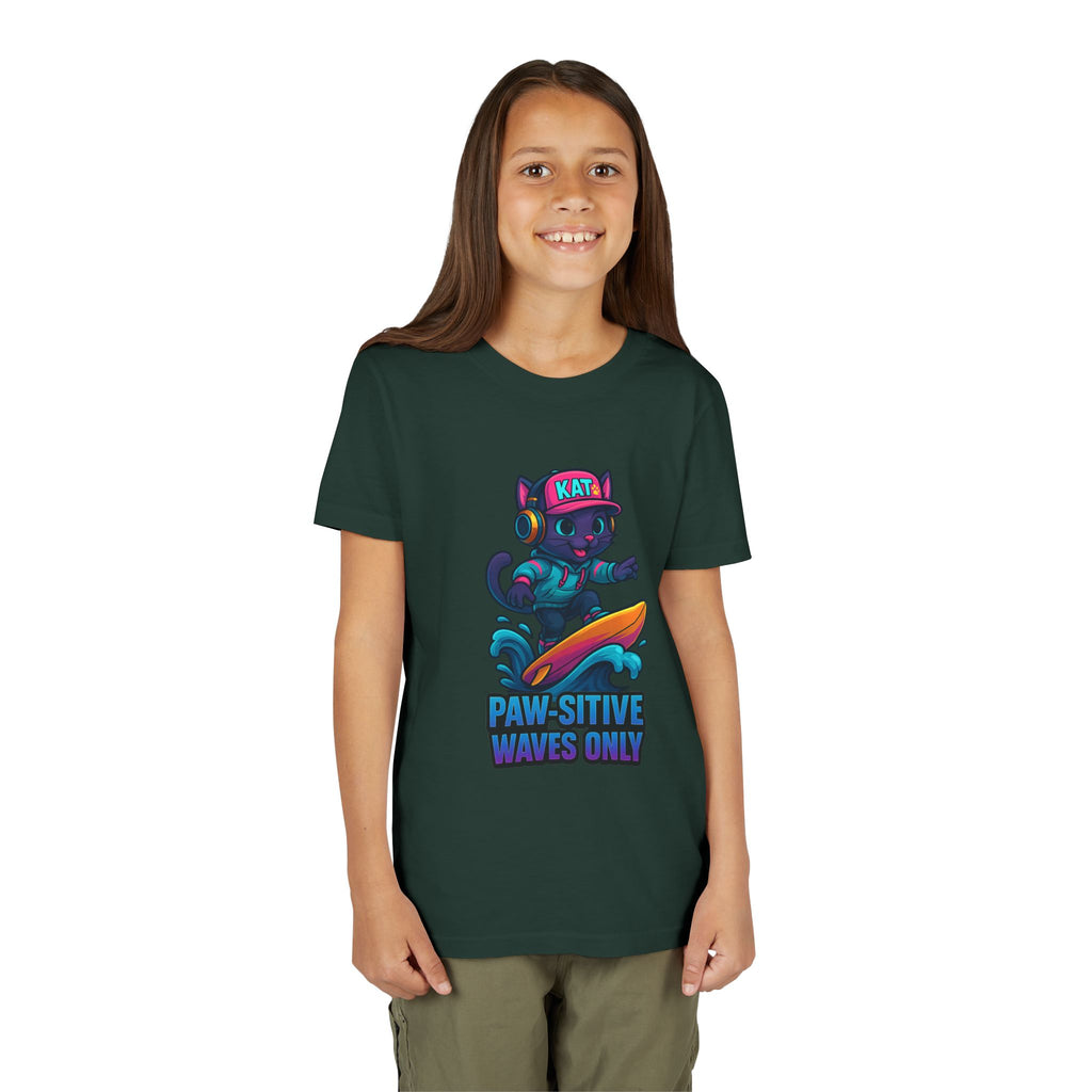 DJ KAT PAWS Paw-Sitive Waves Only, Youth Tee | Kids Surfing T-Shirt, Fun Cat Graphic Top, Summer Apparel, Gifts for Animal Lovers
