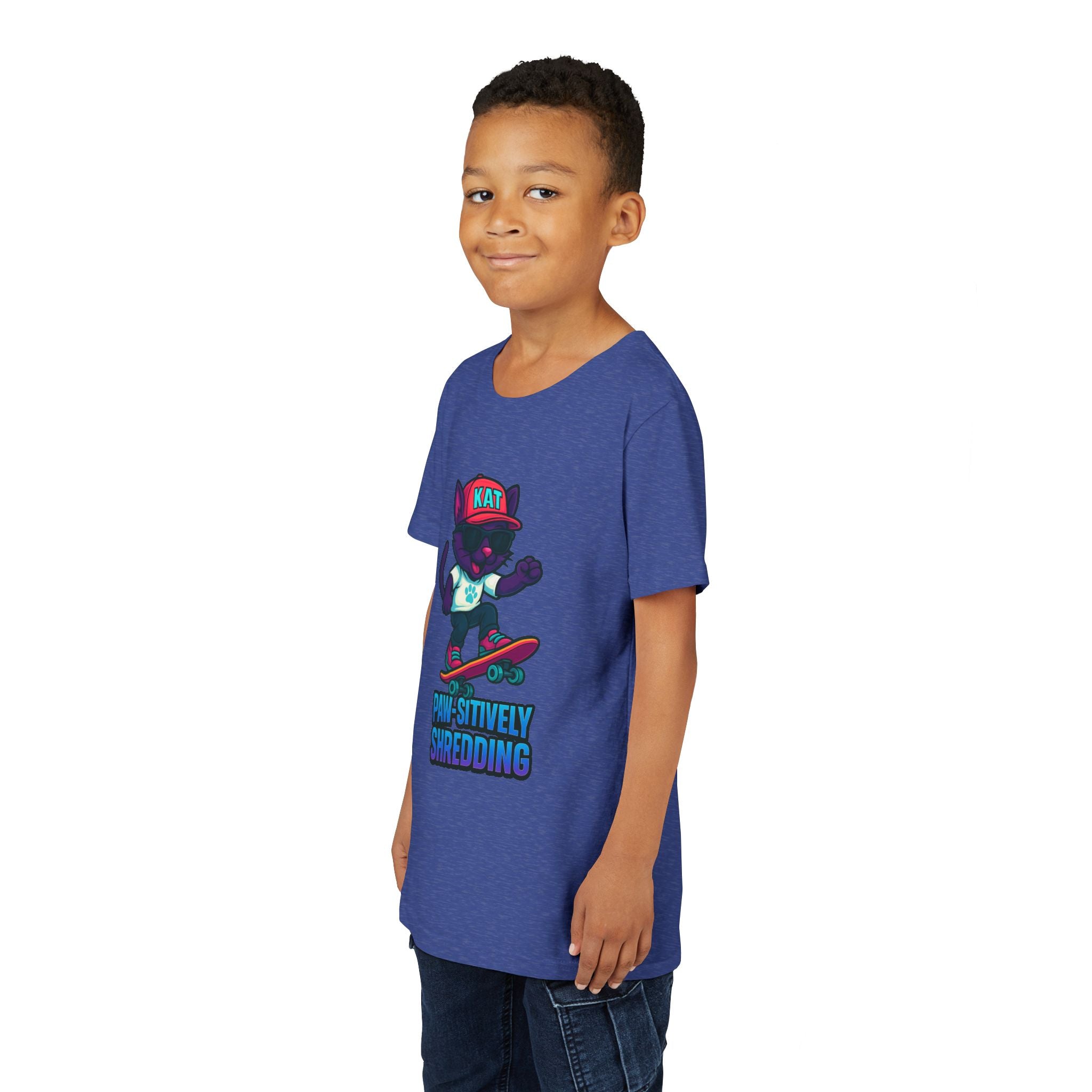 DJ KAT PAWS Paw-sitively Shredding, Skateboarding Youth Tee | Fun Summer Shirt, Motivational Kids T-Shirt, Birthday Gift for Boys & Girls