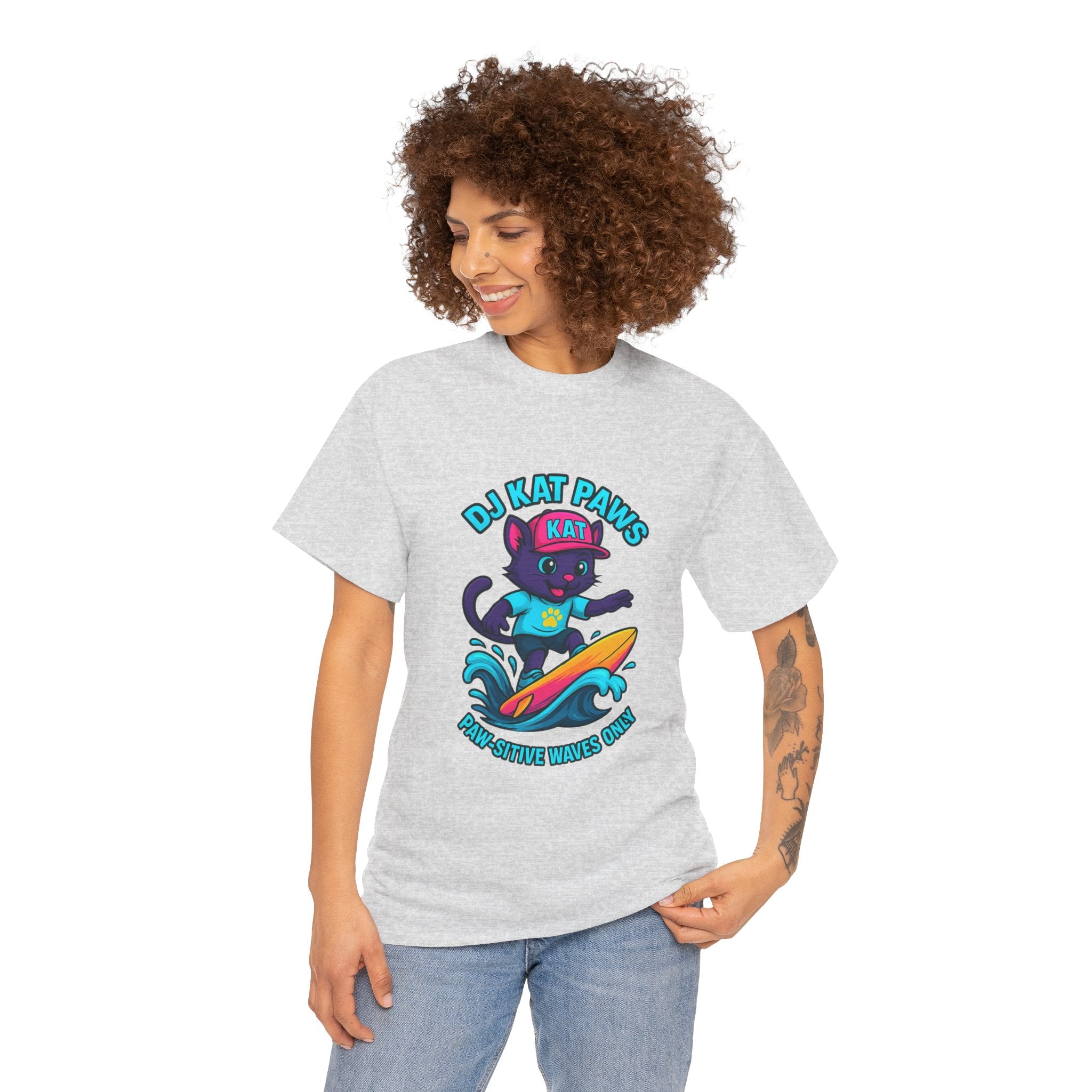 DJ KAT PAWS Surfing Fun T-Shirt | Stay Cool, Have Fun, Play Safe, Be You! | Fun Summer Tee, Gift for Cat Lovers, Beach Vibes