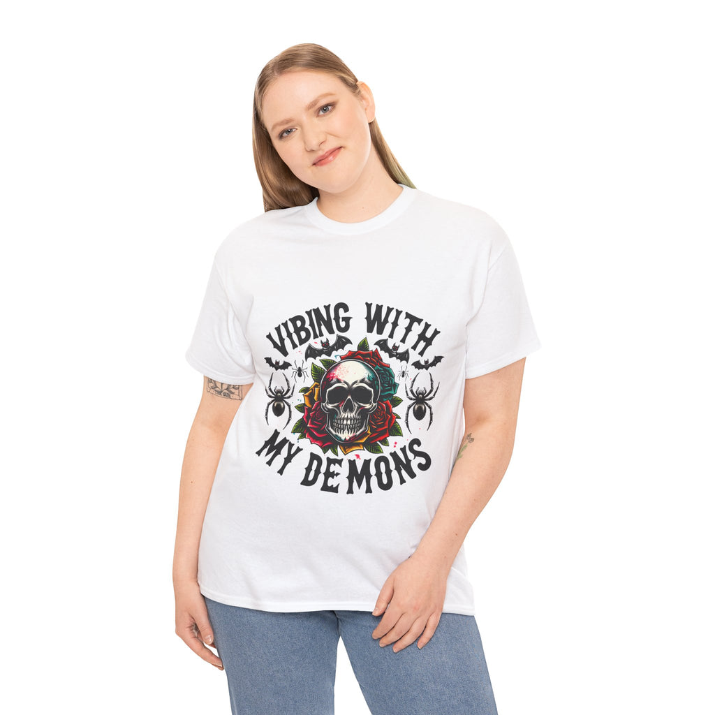 Vibing With My Demons, Halloween Skeleton & Pumpkin Tee, Spooky Season Apparel, Fall Fashion, Gift for Halloween Lovers