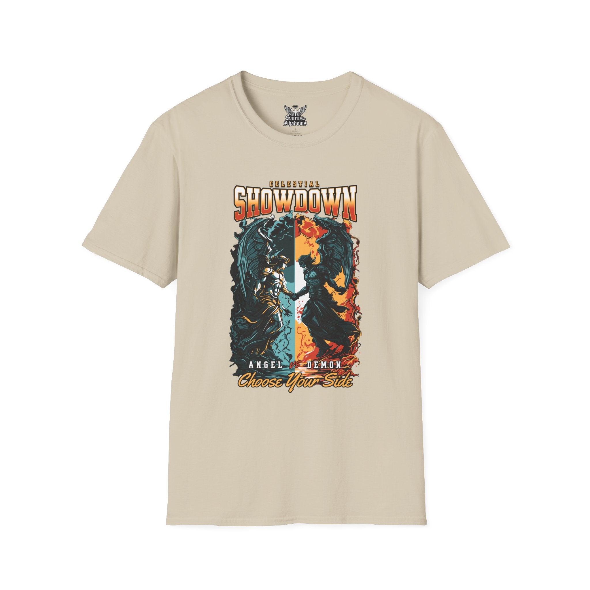 Saints and Shadows - Epic Showdown, Angelic Artwork Unisex Softstyle T-Shirt, Casual Wear