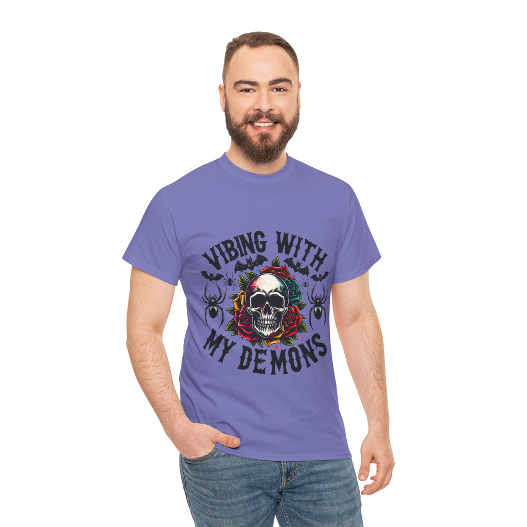 Vibing With My Demons, Halloween Skeleton & Pumpkin Tee, Spooky Season Apparel, Fall Fashion, Gift for Halloween Lovers