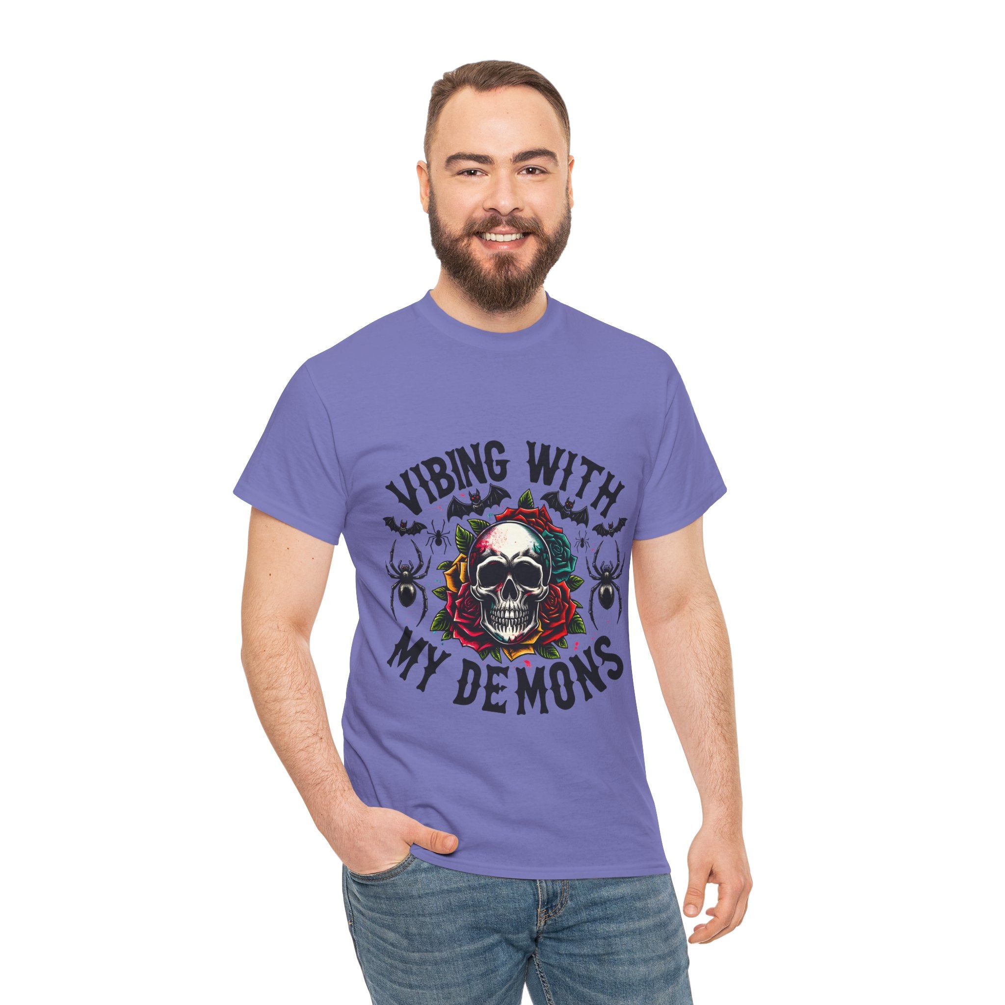 Vibing With My Demons, Halloween Skeleton & Pumpkin Tee, Spooky Season Apparel, Fall Fashion, Gift for Halloween Lovers