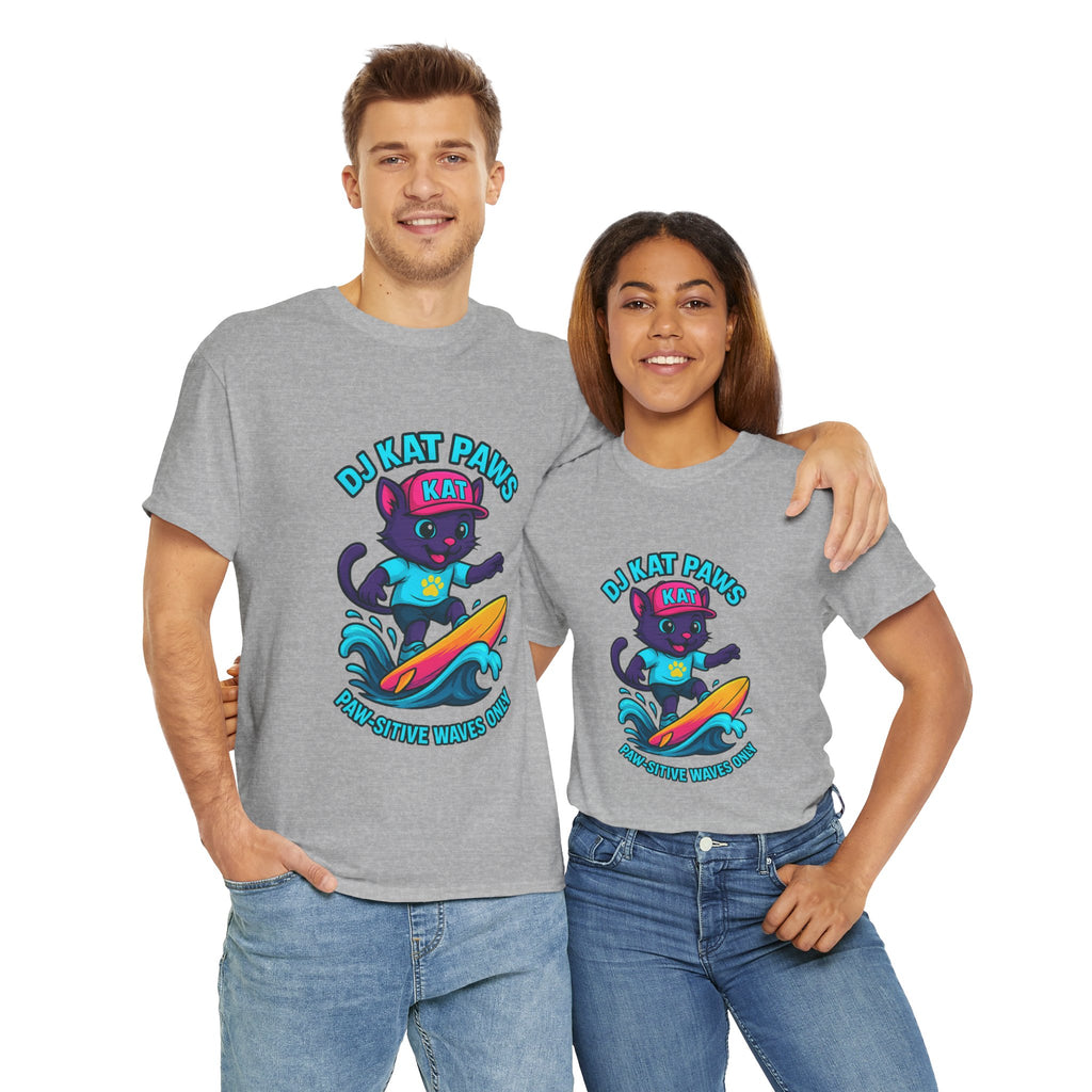 DJ KAT PAWS Surfing Fun T-Shirt | Stay Cool, Have Fun, Play Safe, Be You! | Fun Summer Tee, Gift for Cat Lovers, Beach Vibes