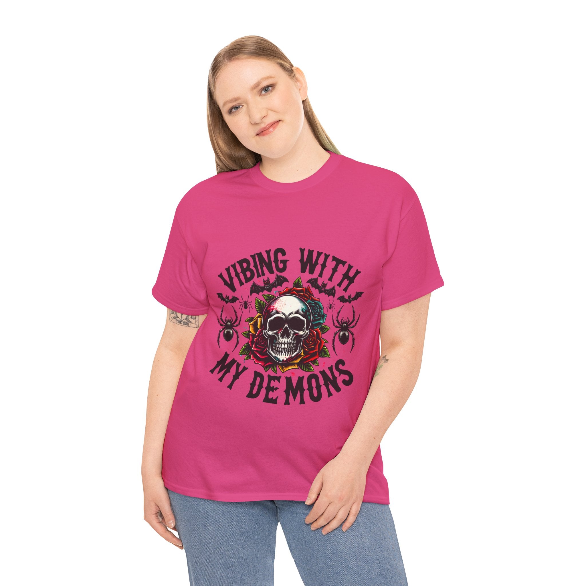 Vibing With My Demons, Halloween Skeleton & Pumpkin Tee, Spooky Season Apparel, Fall Fashion, Gift for Halloween Lovers