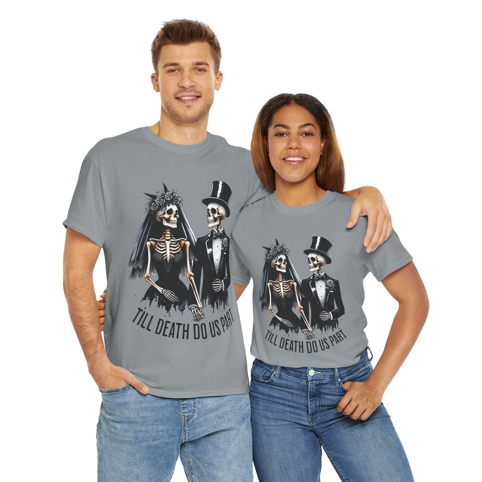 Skeleton Bride and Groom Wedding. Til Death, Tee - Horror Graphic Tee, Unisex Cotton Shirt, Halloween Costume, Horror Movie Gift, Spooky T-Shirt, Horror Fan Apparel