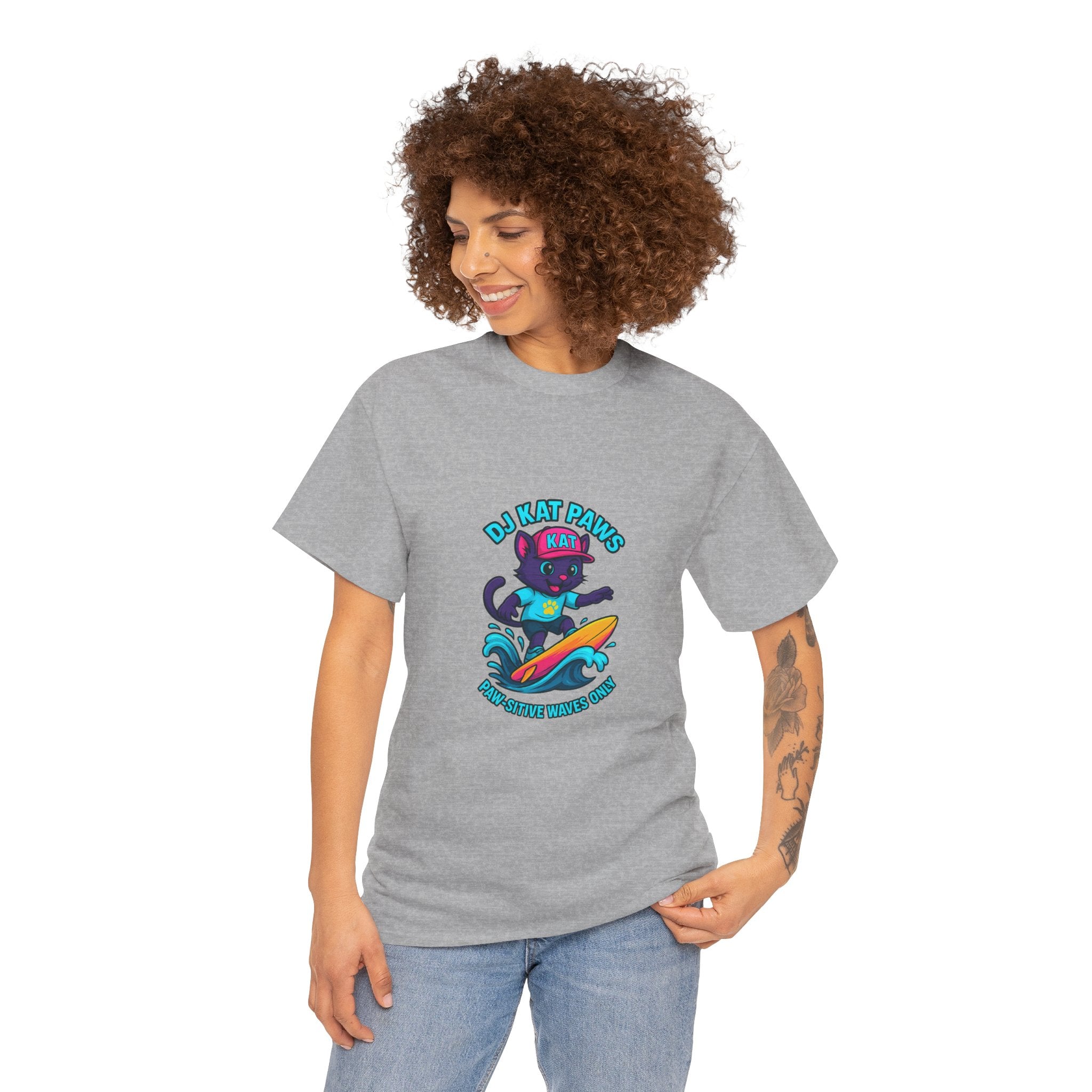 DJ KAT PAWS Surfing Fun T-Shirt | Stay Cool, Have Fun, Play Safe, Be You! | Fun Summer Tee, Gift for Cat Lovers, Beach Vibes