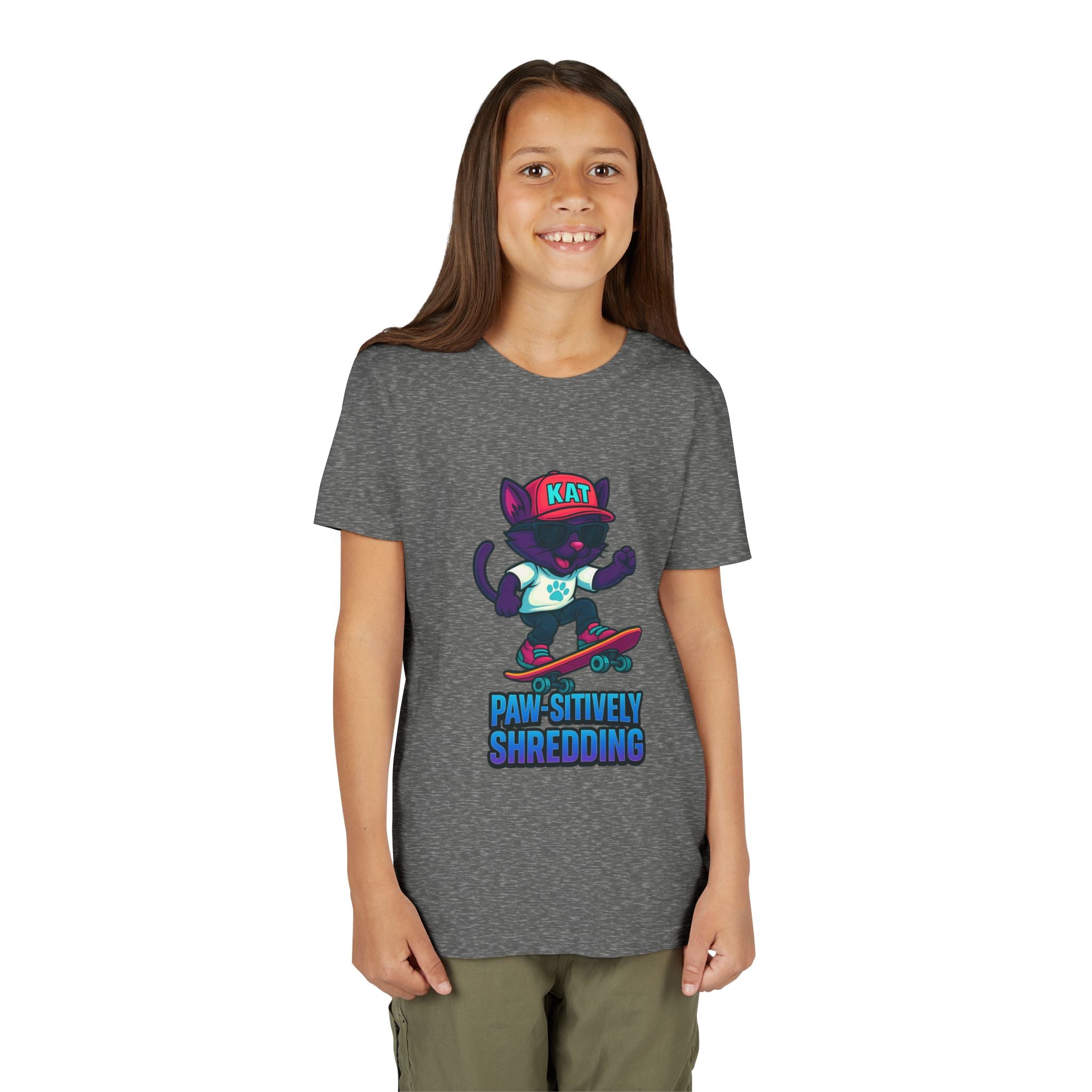 DJ KAT PAWS Paw-sitively Shredding, Skateboarding Youth Tee | Fun Summer Shirt, Motivational Kids T-Shirt, Birthday Gift for Boys & Girls