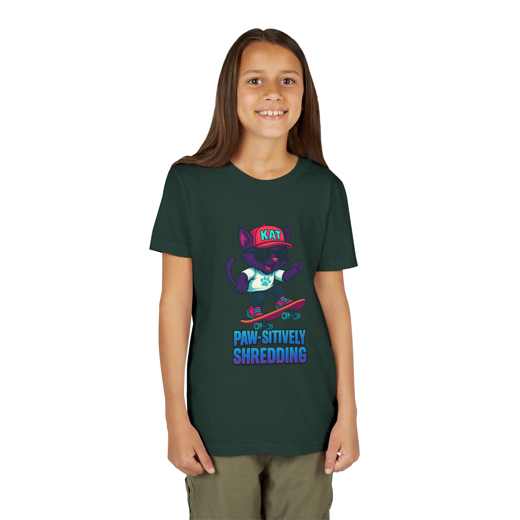 DJ KAT PAWS Paw-sitively Shredding, Skateboarding Youth Tee | Fun Summer Shirt, Motivational Kids T-Shirt, Birthday Gift for Boys & Girls