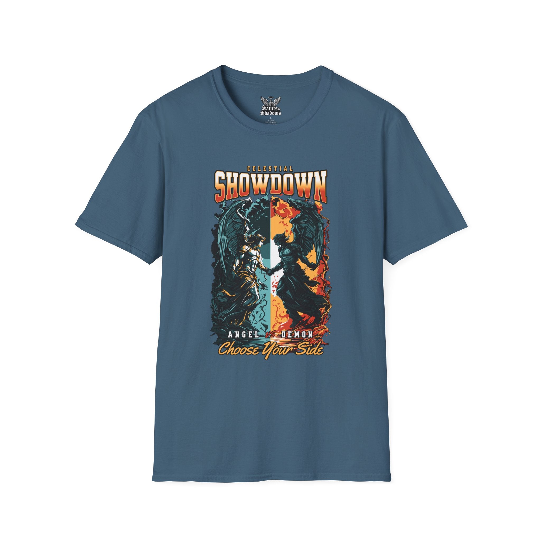 Saints and Shadows - Epic Showdown, Angelic Artwork Unisex Softstyle T-Shirt, Casual Wear