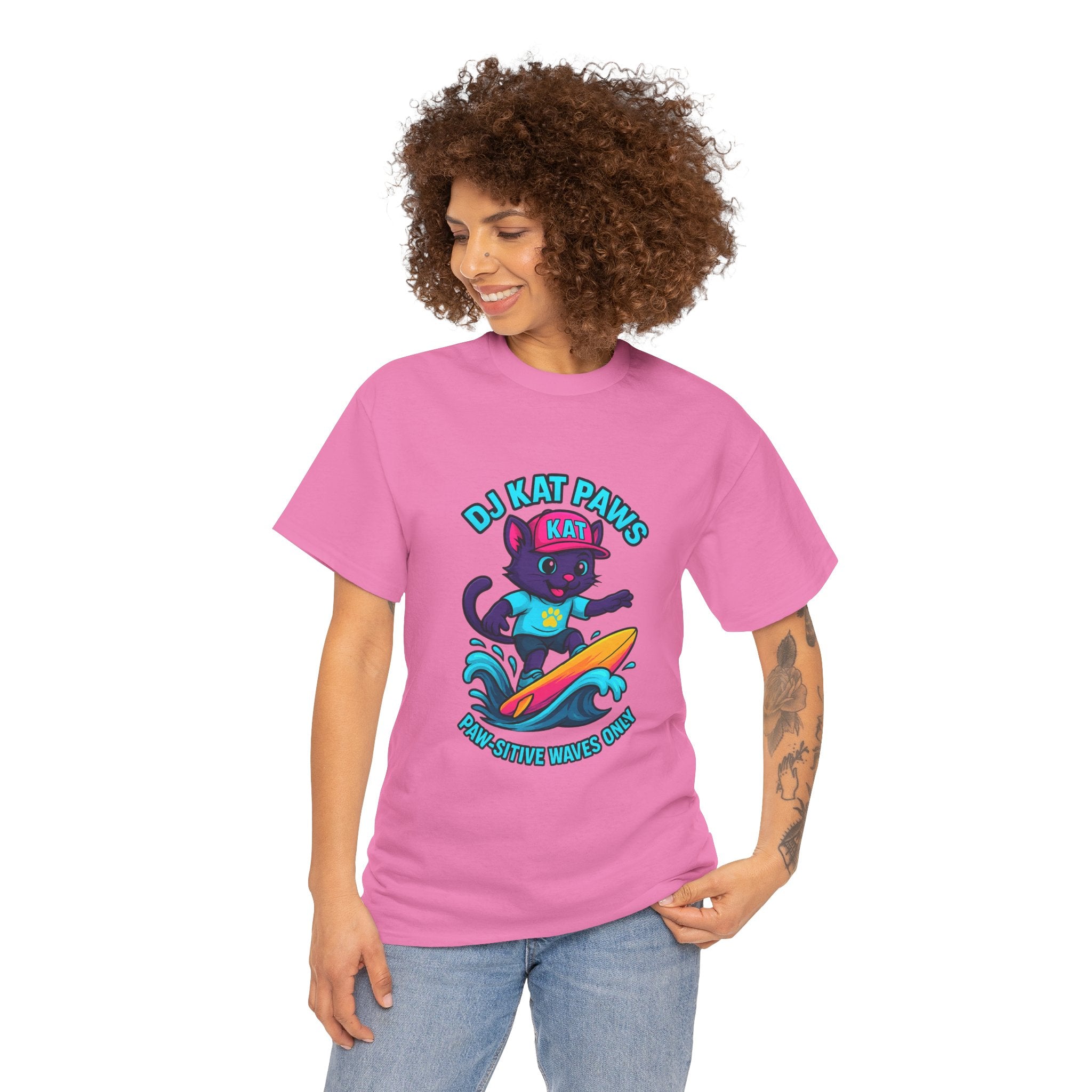 DJ KAT PAWS Surfing Fun T-Shirt | Stay Cool, Have Fun, Play Safe, Be You! | Fun Summer Tee, Gift for Cat Lovers, Beach Vibes