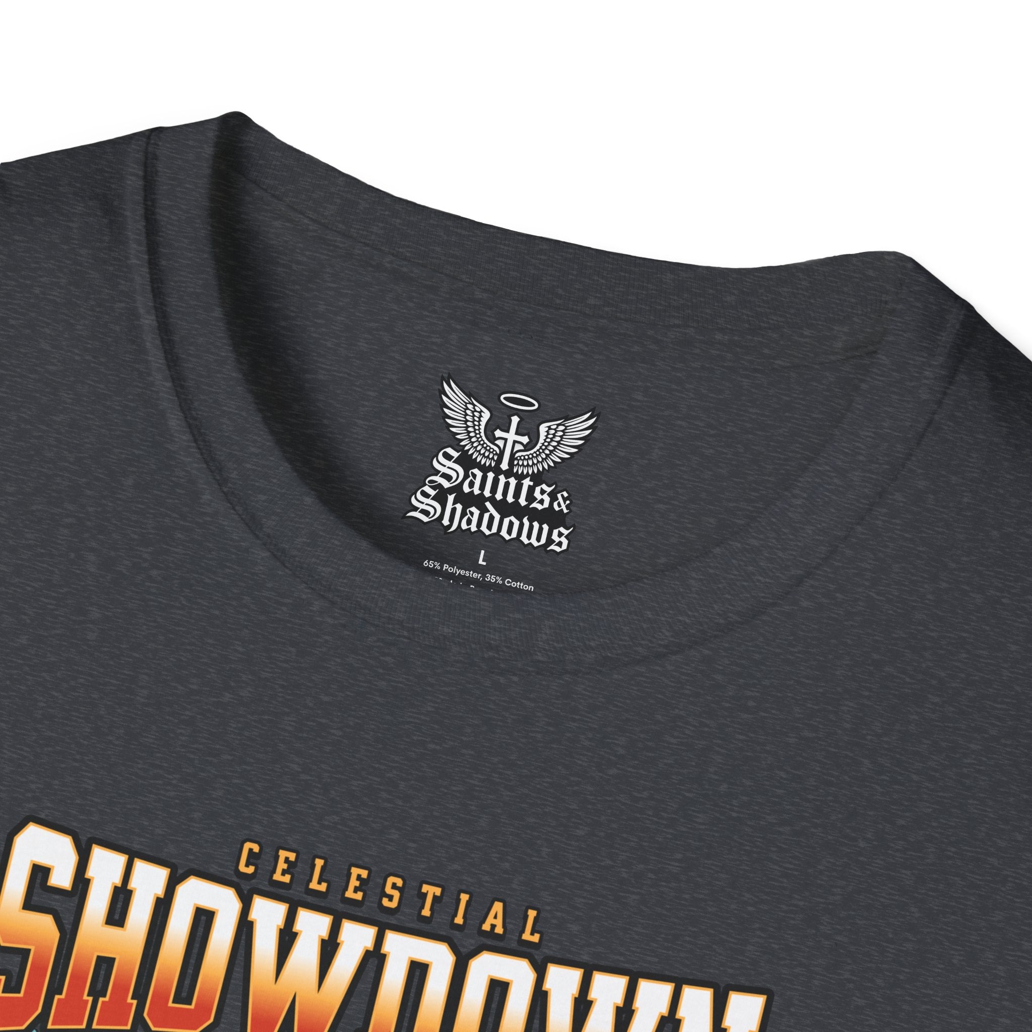 Saints and Shadows - Epic Showdown, Angelic Artwork Unisex Softstyle T-Shirt, Casual Wear