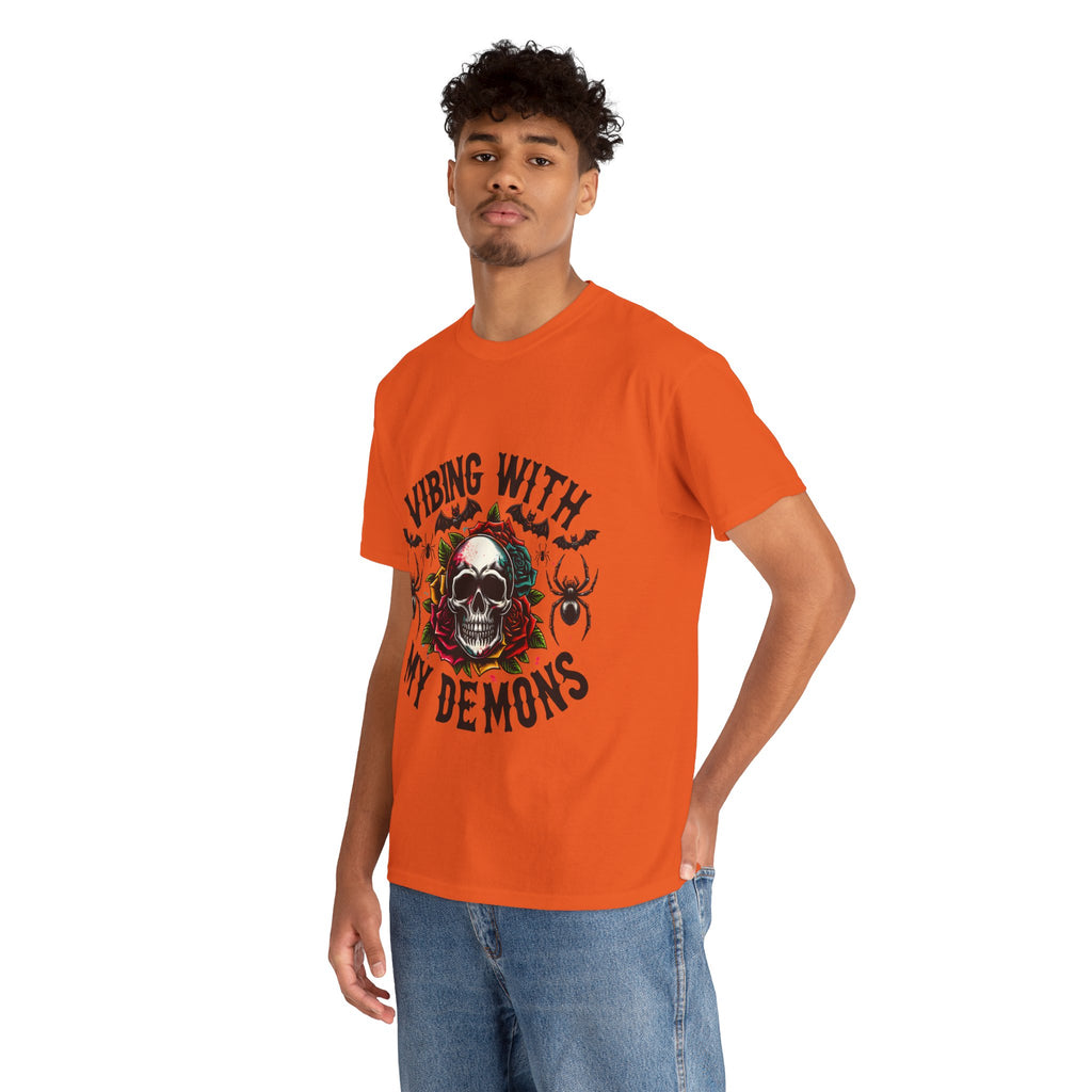 Vibing With My Demons, Halloween Skeleton & Pumpkin Tee, Spooky Season Apparel, Fall Fashion, Gift for Halloween Lovers
