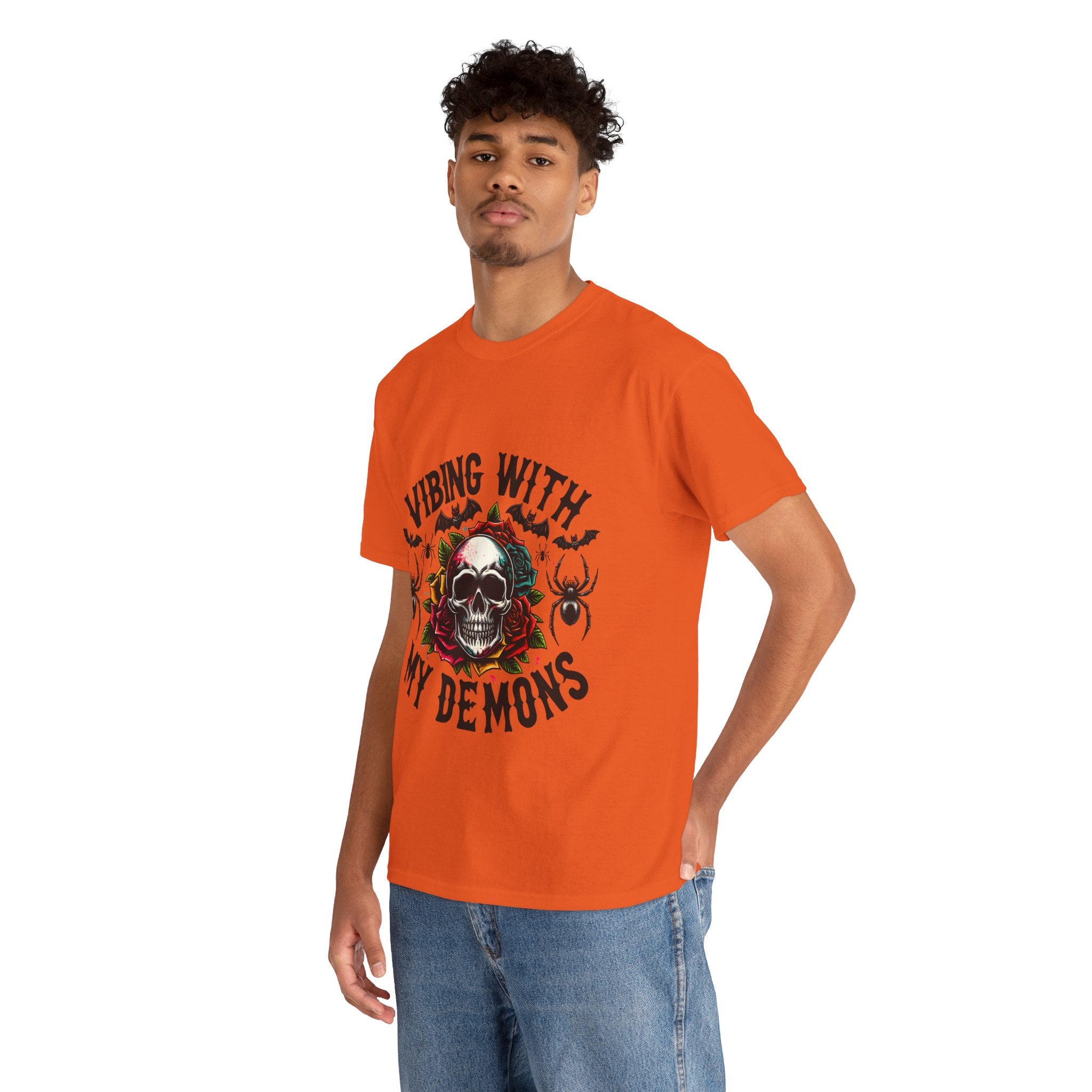 Vibing With My Demons, Halloween Skeleton & Pumpkin Tee, Spooky Season Apparel, Fall Fashion, Gift for Halloween Lovers