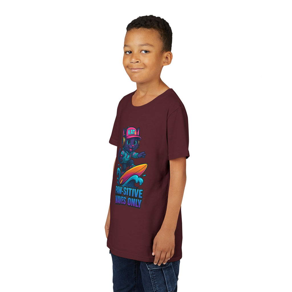 DJ KAT PAWS Paw-Sitive Waves Only, Youth Tee | Kids Surfing T-Shirt, Fun Cat Graphic Top, Summer Apparel, Gifts for Animal Lovers