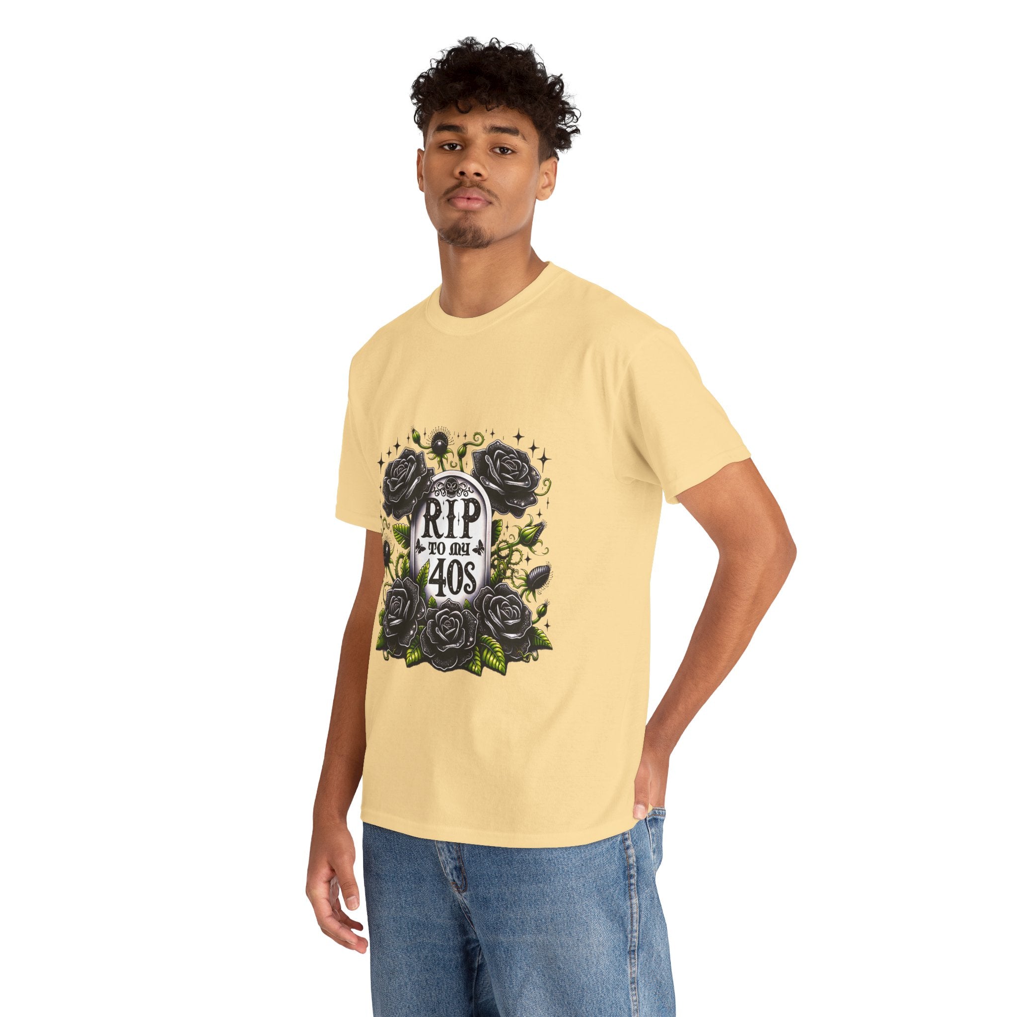 RIP to My 40s Tee, Heavy, Unisex Graphic Shirt, Birthday Gift, Casual Wear, Vintage Style, Floral Design T-shirt