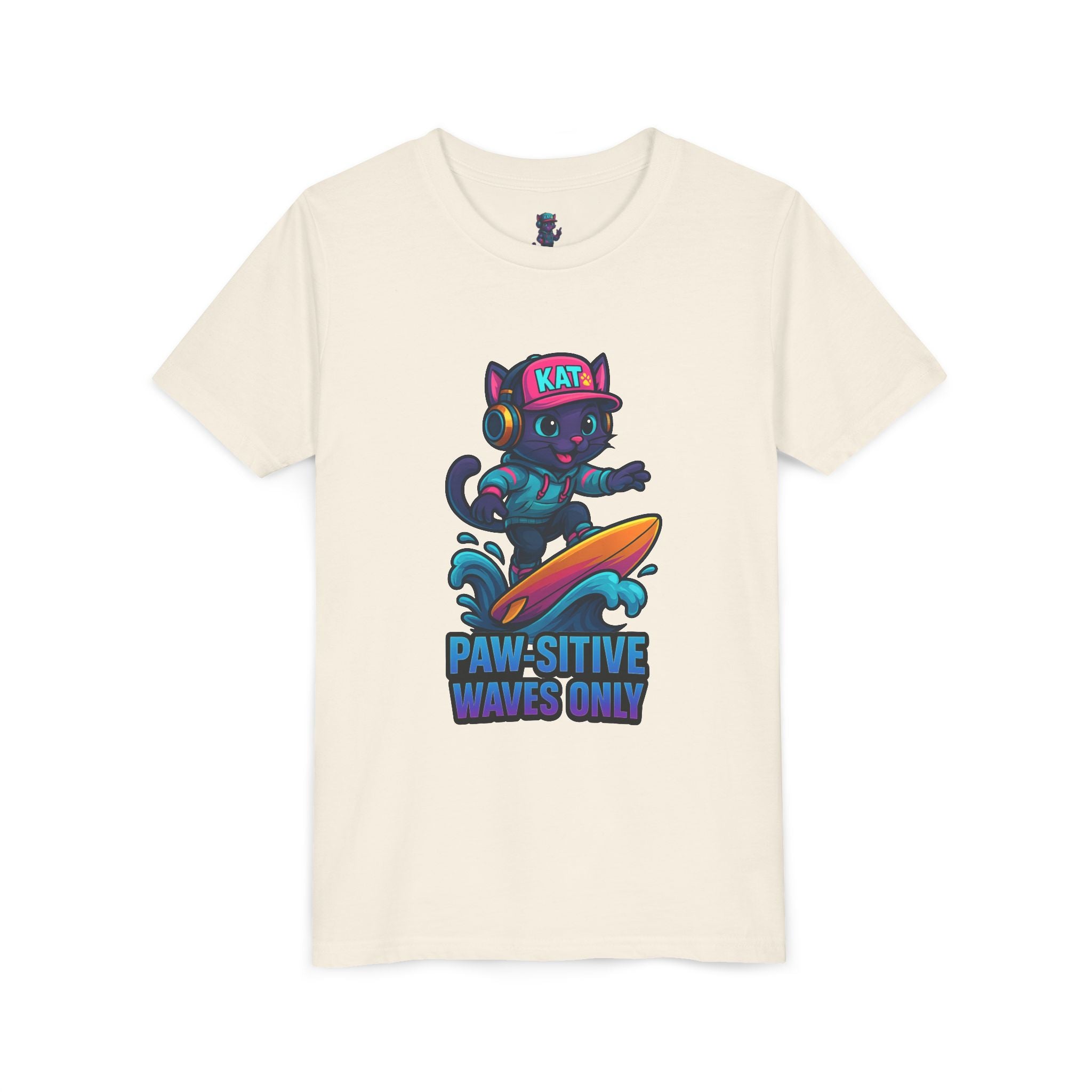 DJ KAT PAWS Paw-Sitive Waves Only, Youth Tee | Kids Surfing T-Shirt, Fun Cat Graphic Top, Summer Apparel, Gifts for Animal Lovers