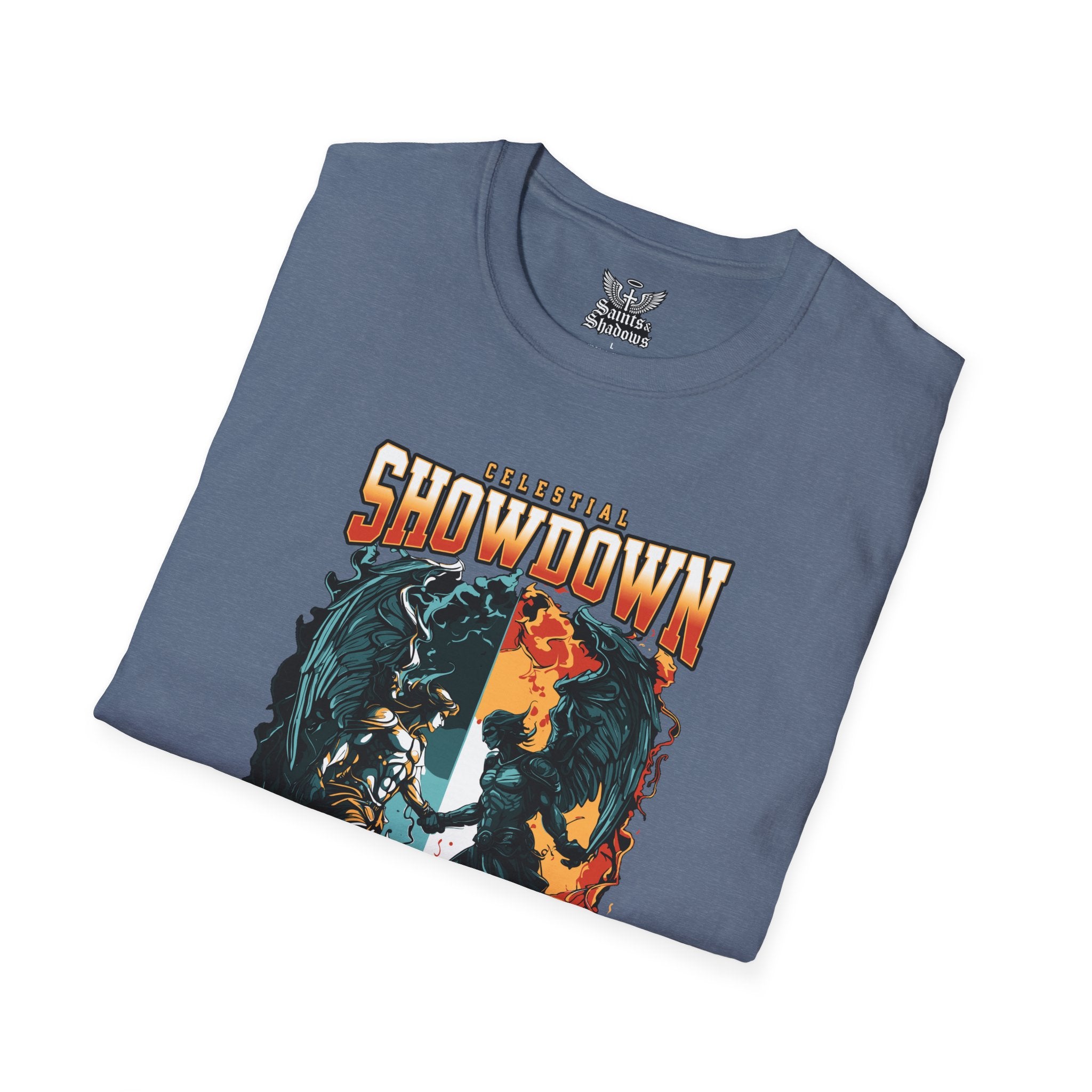 Saints and Shadows - Epic Showdown, Angelic Artwork Unisex Softstyle T-Shirt, Casual Wear