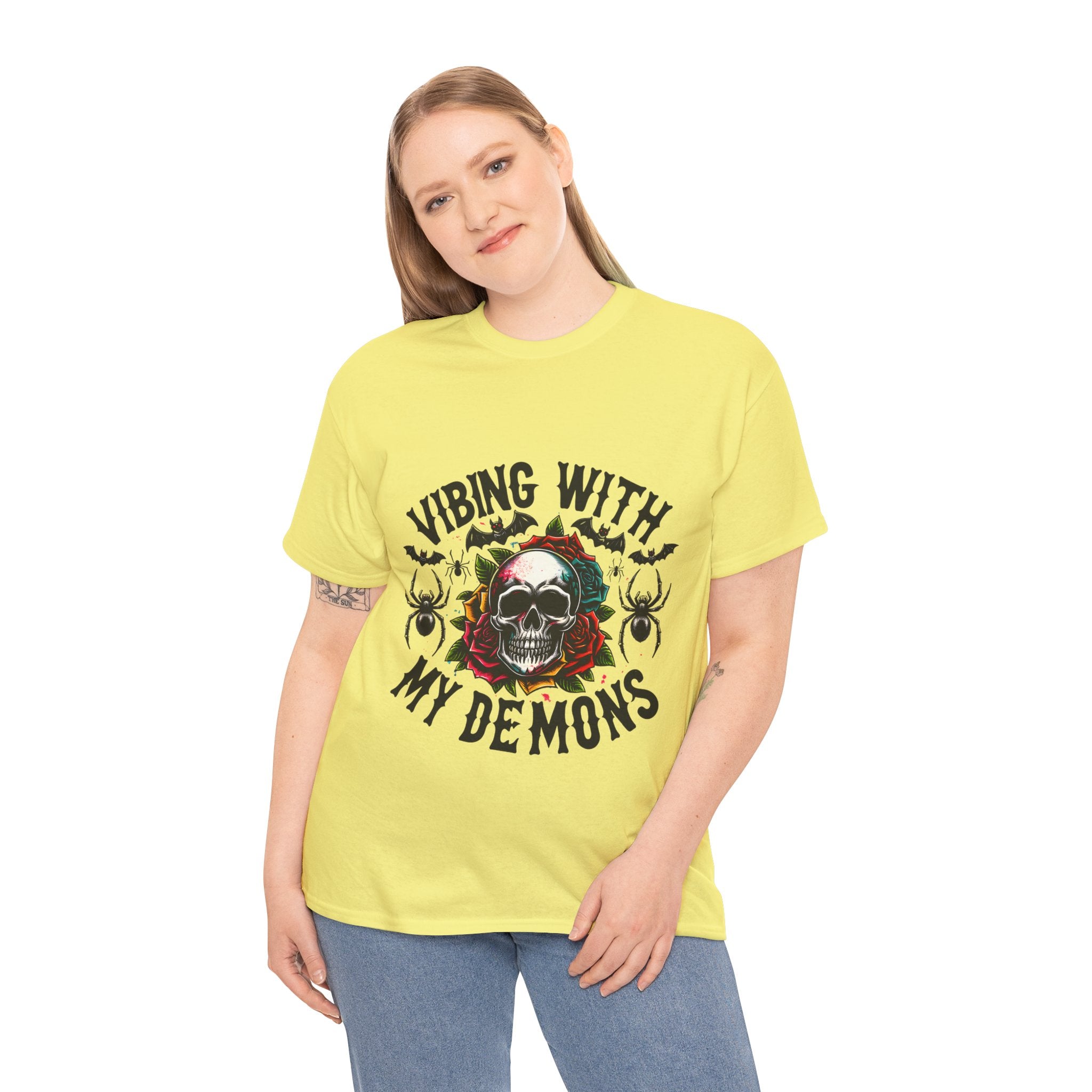 Vibing With My Demons, Halloween Skeleton & Pumpkin Tee, Spooky Season Apparel, Fall Fashion, Gift for Halloween Lovers