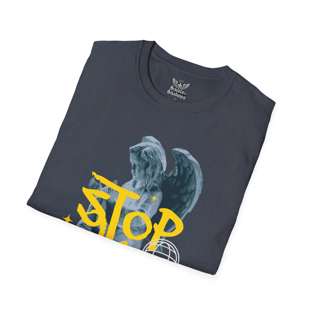 Saints and Shadows - Stop Wars, Angelic Artwork Unisex Softstyle T-Shirt, Casual Wear