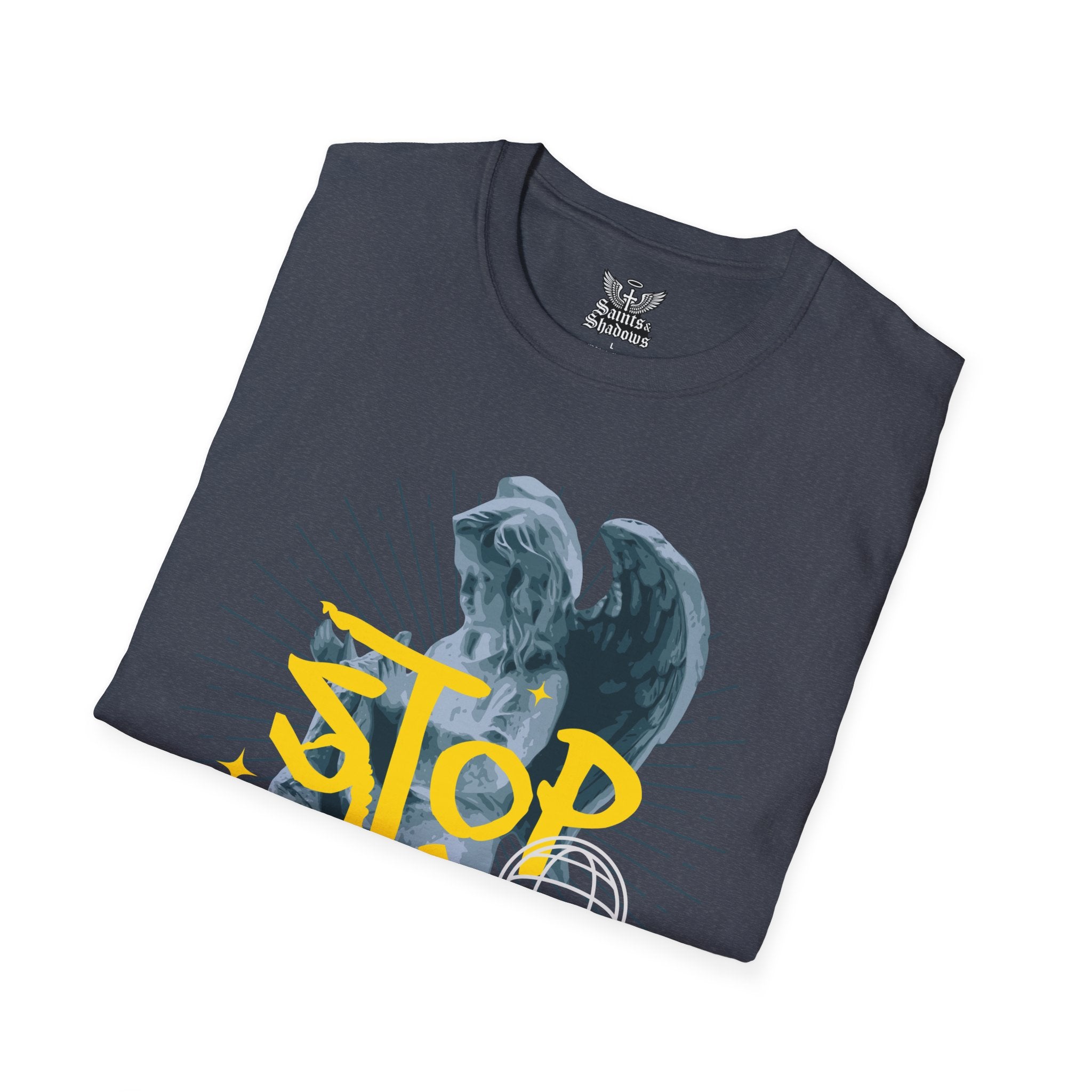 Saints and Shadows - Stop Wars, Angelic Artwork Unisex Softstyle T-Shirt, Casual Wear