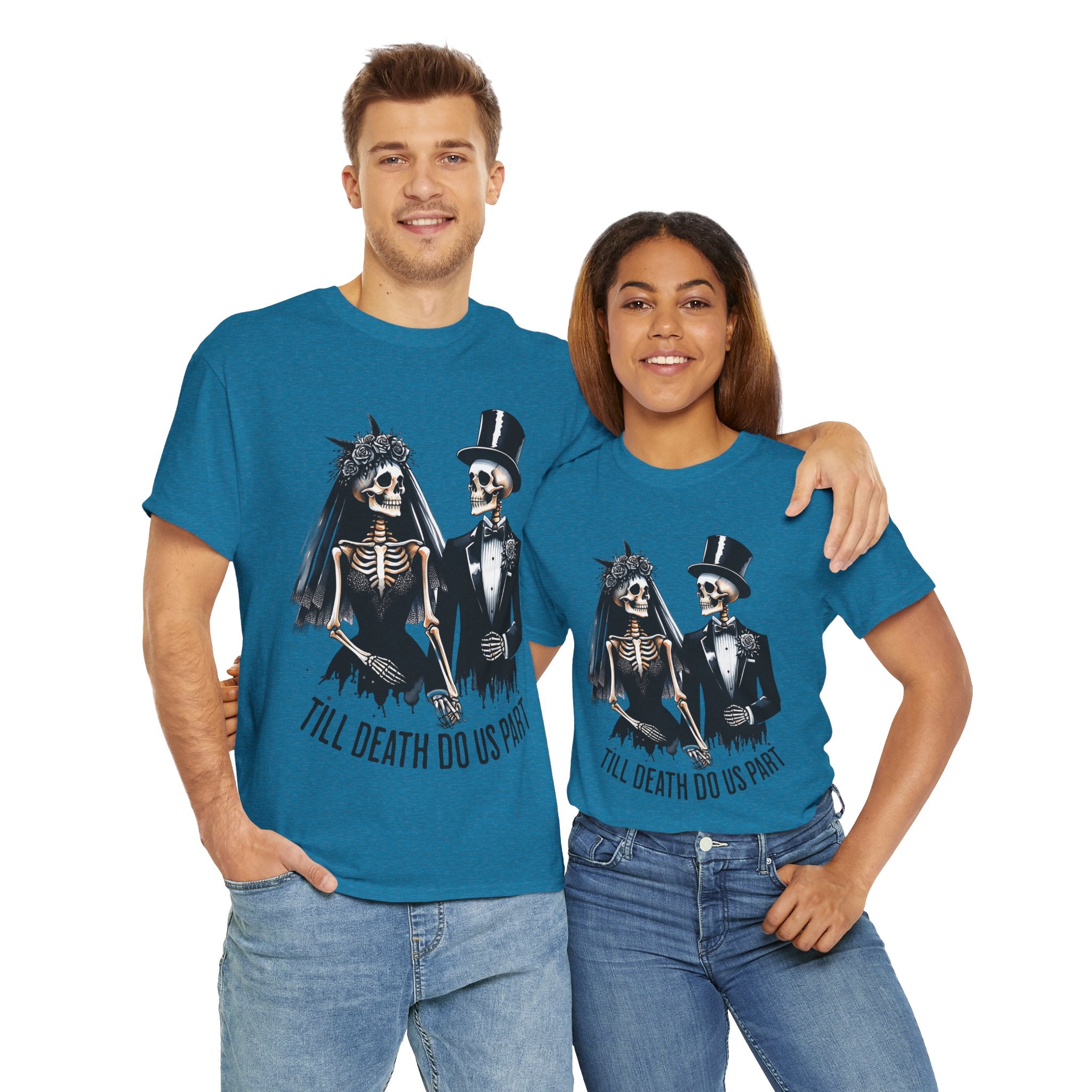 Skeleton Bride and Groom Wedding. Til Death, Tee - Horror Graphic Tee, Unisex Cotton Shirt, Halloween Costume, Horror Movie Gift, Spooky T-Shirt, Horror Fan Apparel
