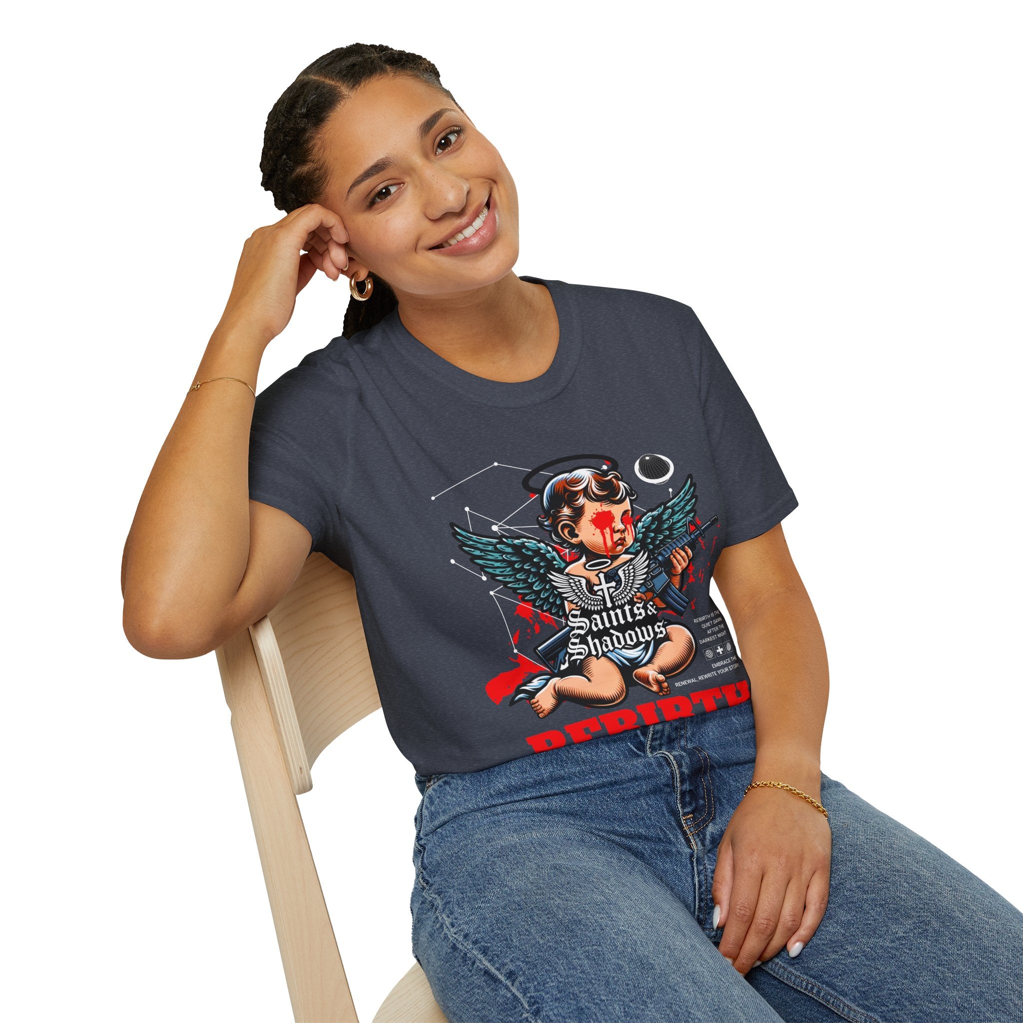 Saints and Shadows - Rebirth, Angelic Artwork Unisex Softstyle T-Shirt, Casual Wear