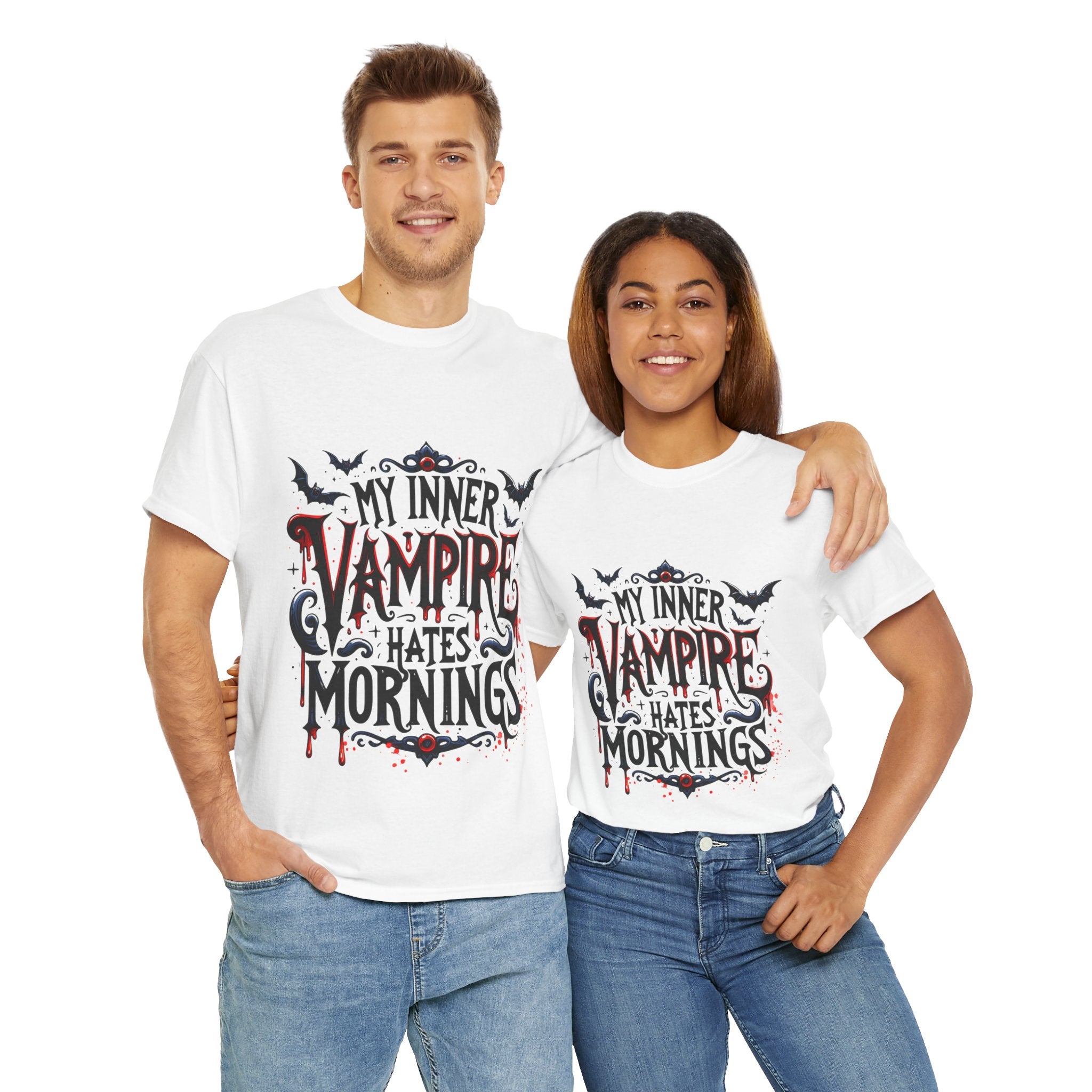 My Inner Vampire Hates Mornings, Tee - Unisex Heavy Cotton Shirt for Halloween, Gifts, Casual Wear, Funny T-Shirt, Vampire Lover Apparel