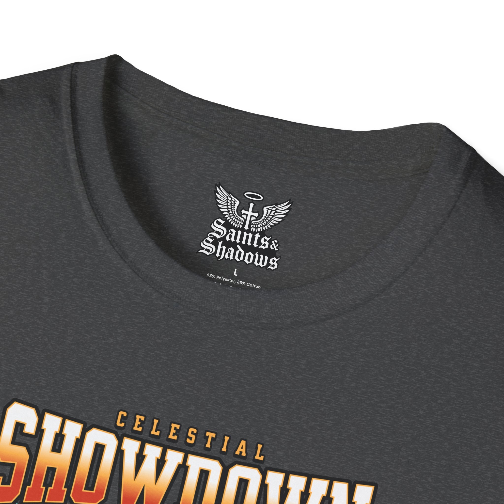 Saints and Shadows - Epic Showdown, Angelic Artwork Unisex Softstyle T-Shirt, Casual Wear