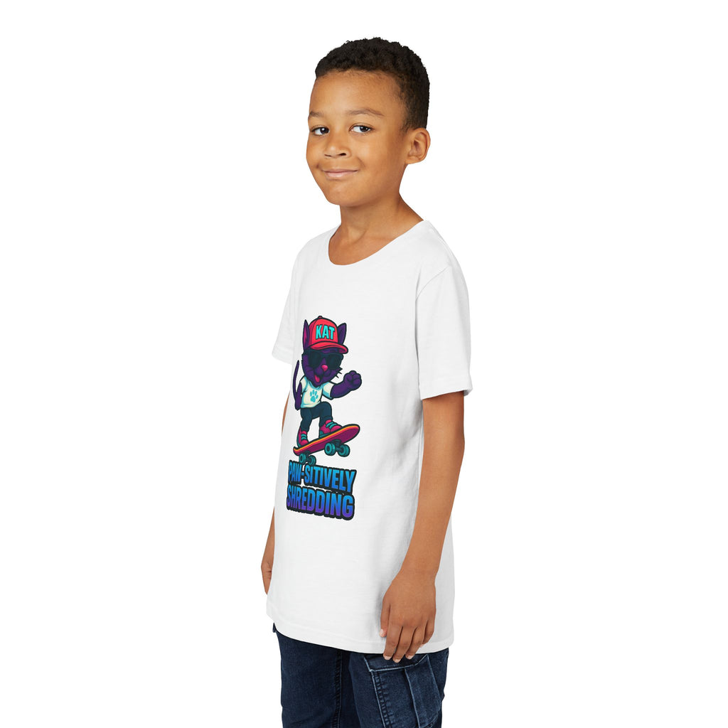 DJ KAT PAWS Paw-sitively Shredding, Skateboarding Youth Tee | Fun Summer Shirt, Motivational Kids T-Shirt, Birthday Gift for Boys & Girls