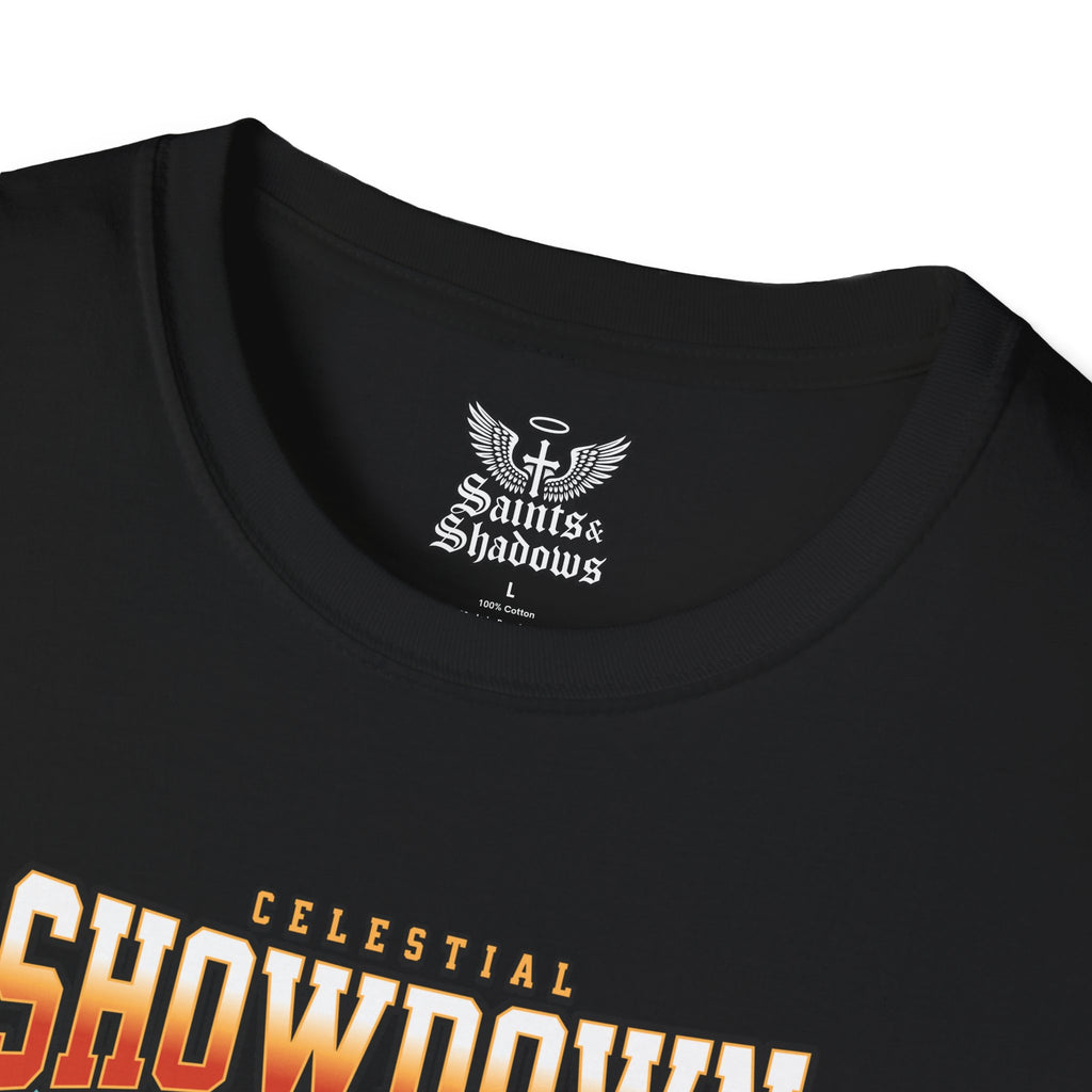 Saints and Shadows - Epic Showdown, Angelic Artwork Unisex Softstyle T-Shirt, Casual Wear