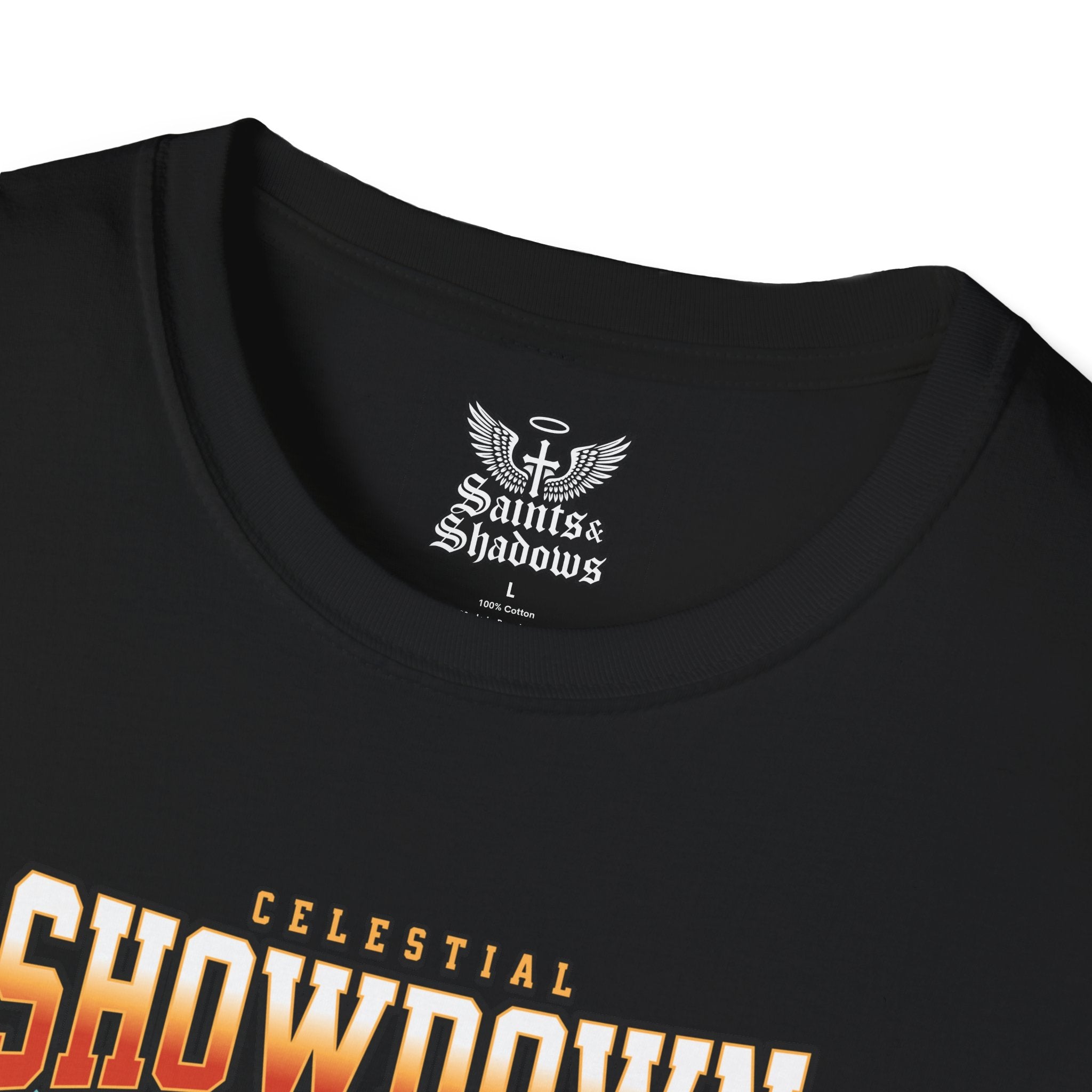Saints and Shadows - Epic Showdown, Angelic Artwork Unisex Softstyle T-Shirt, Casual Wear