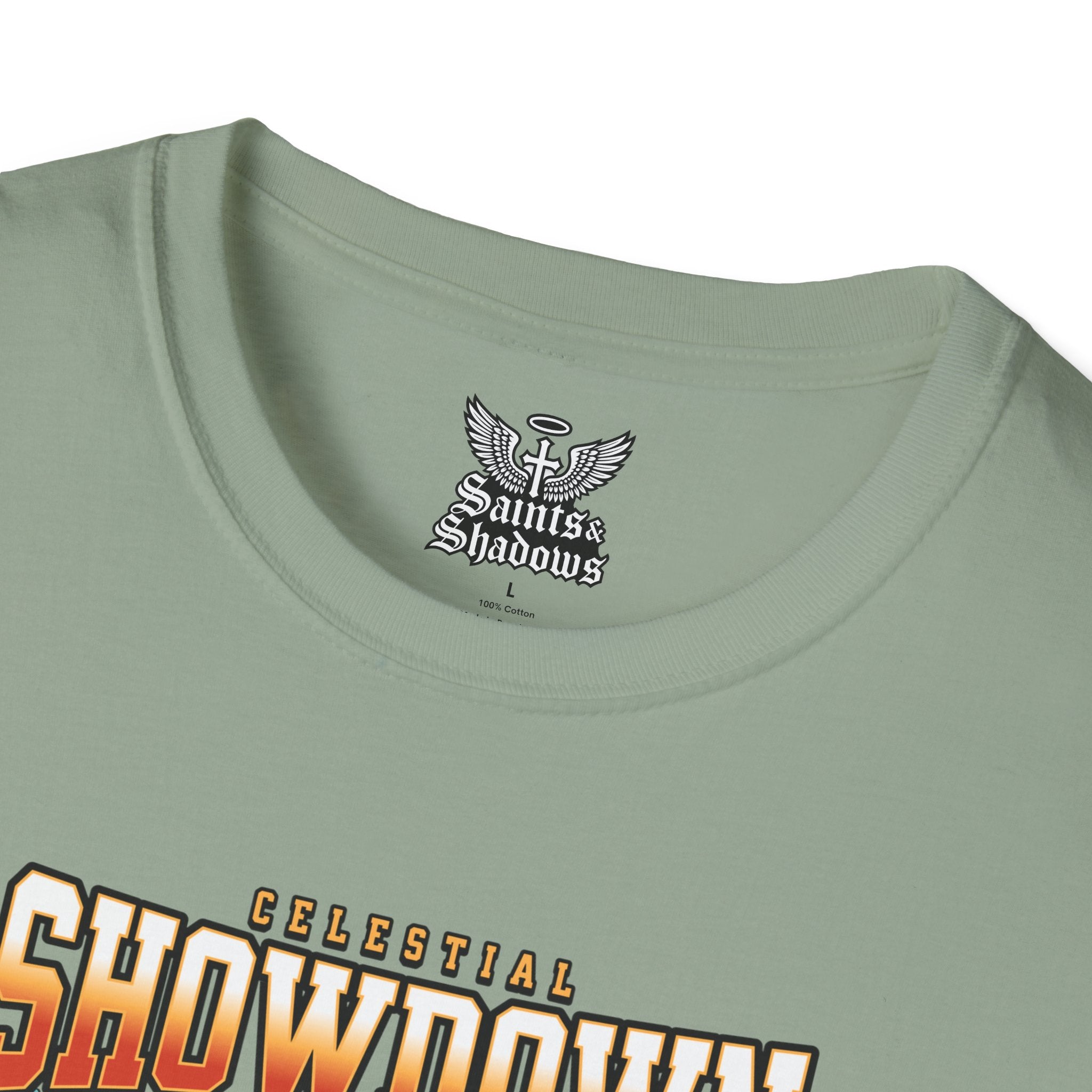 Saints and Shadows - Epic Showdown, Angelic Artwork Unisex Softstyle T-Shirt, Casual Wear