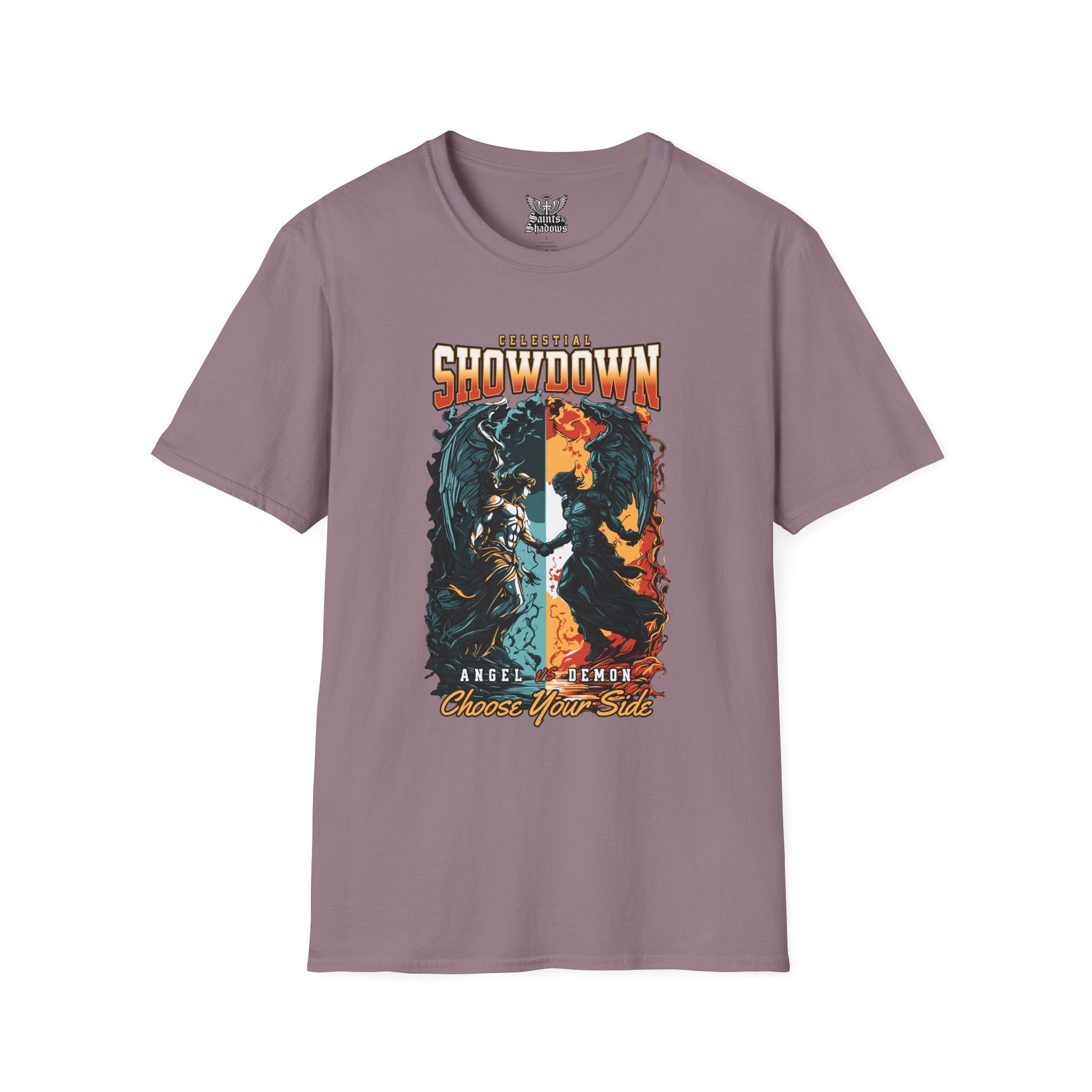Saints and Shadows - Epic Showdown, Angelic Artwork Unisex Softstyle T-Shirt, Casual Wear