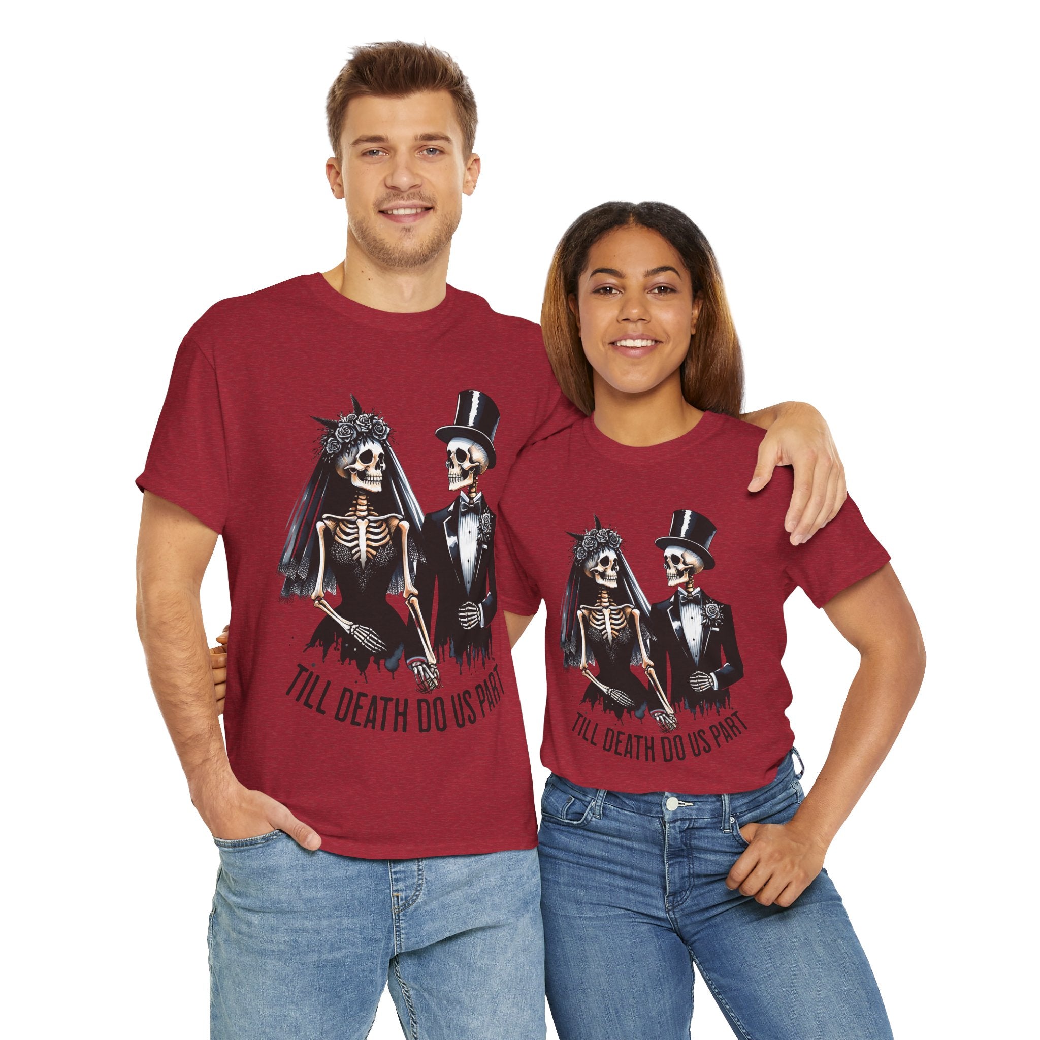 Skeleton Bride and Groom Wedding. Til Death, Tee - Horror Graphic Tee, Unisex Cotton Shirt, Halloween Costume, Horror Movie Gift, Spooky T-Shirt, Horror Fan Apparel