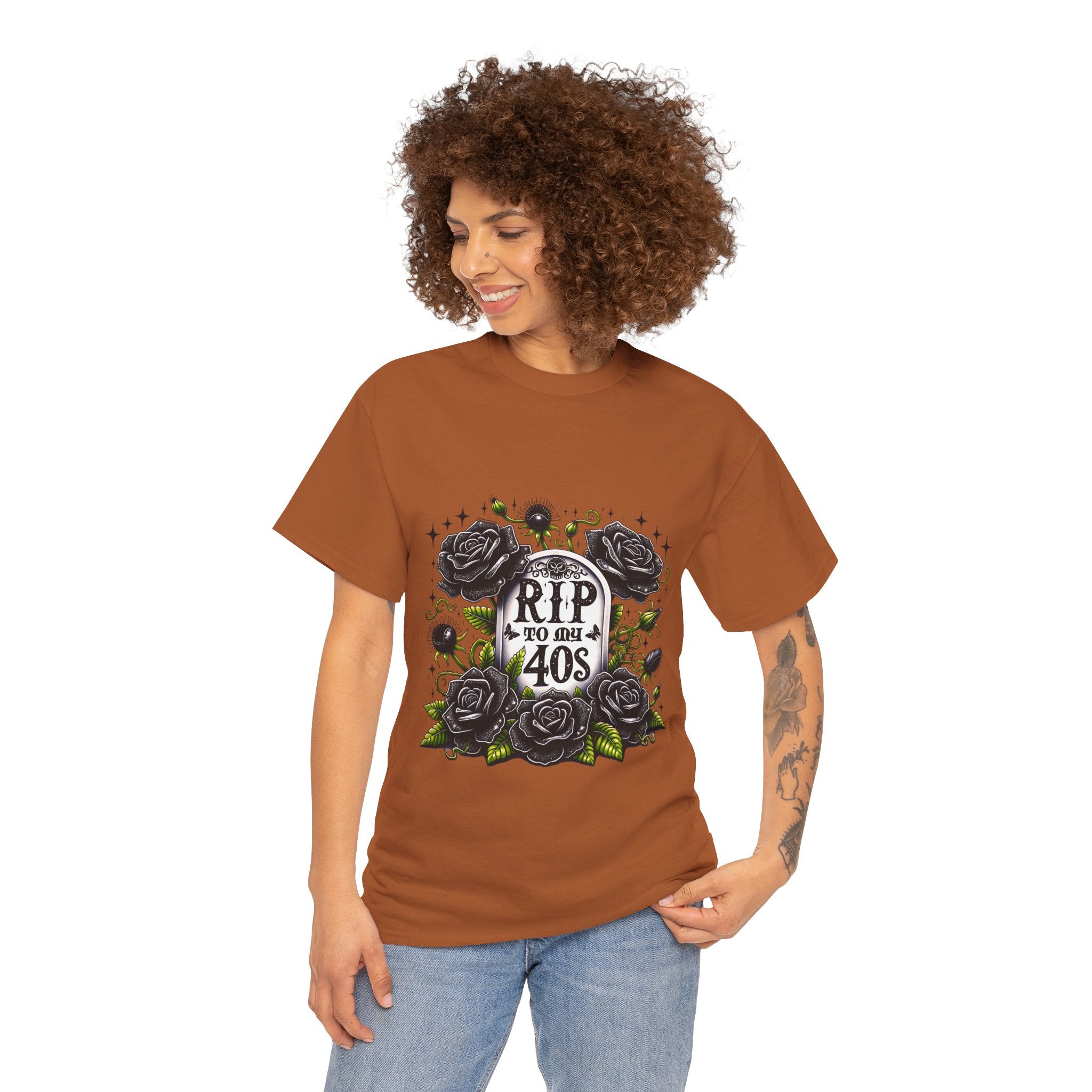 RIP to My 40s Tee, Heavy, Unisex Graphic Shirt, Birthday Gift, Casual Wear, Vintage Style, Floral Design T-shirt