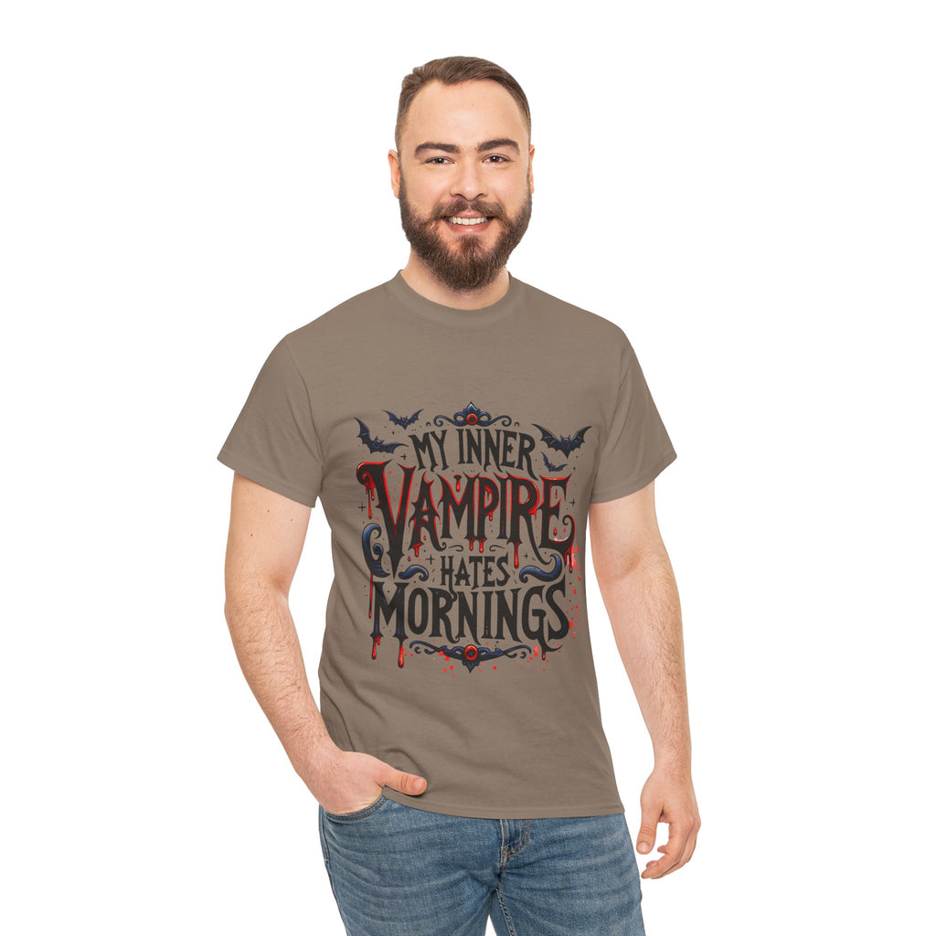 My Inner Vampire Hates Mornings, Tee - Unisex Heavy Cotton Shirt for Halloween, Gifts, Casual Wear, Funny T-Shirt, Vampire Lover Apparel