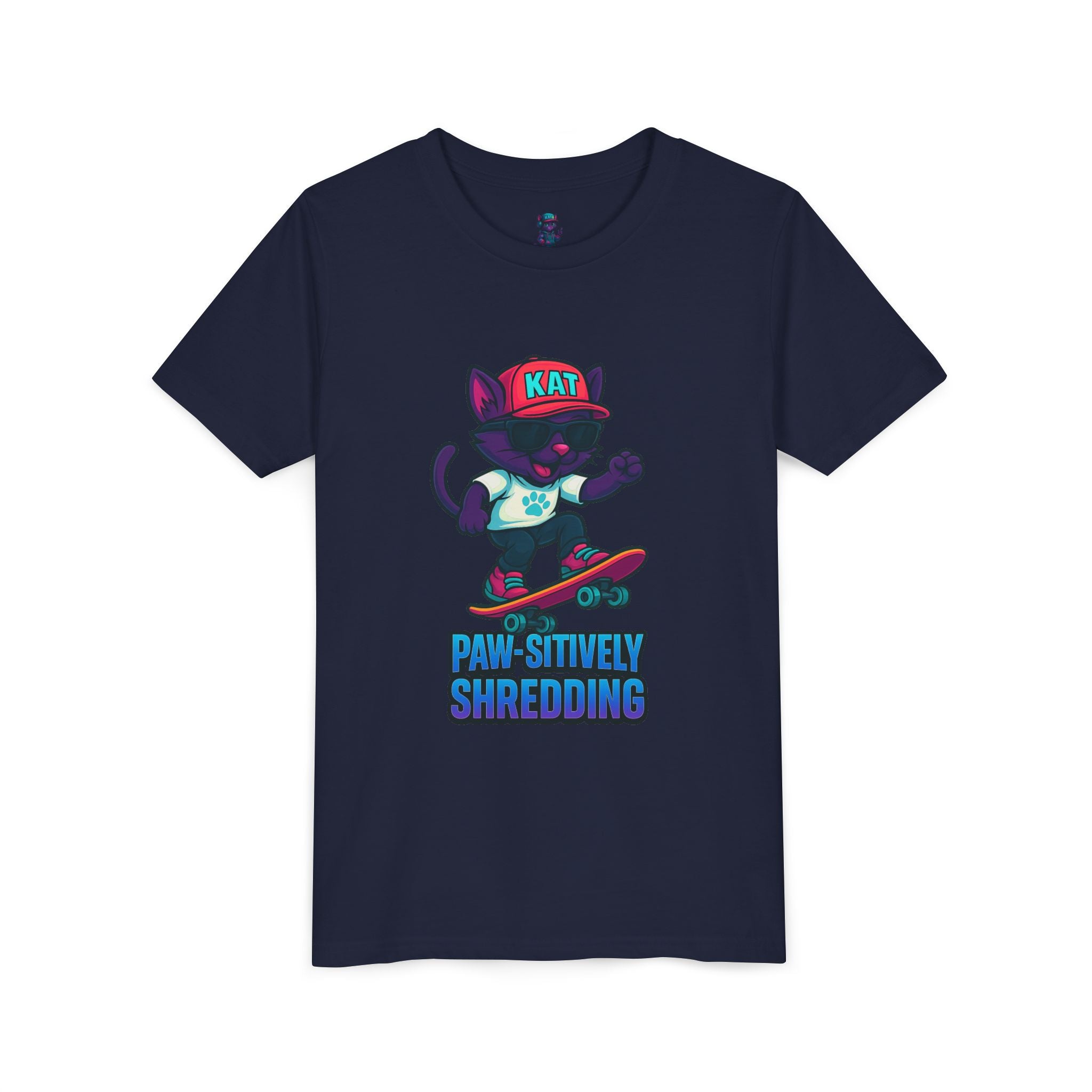 DJ KAT PAWS Paw-sitively Shredding, Skateboarding Youth Tee | Fun Summer Shirt, Motivational Kids T-Shirt, Birthday Gift for Boys & Girls