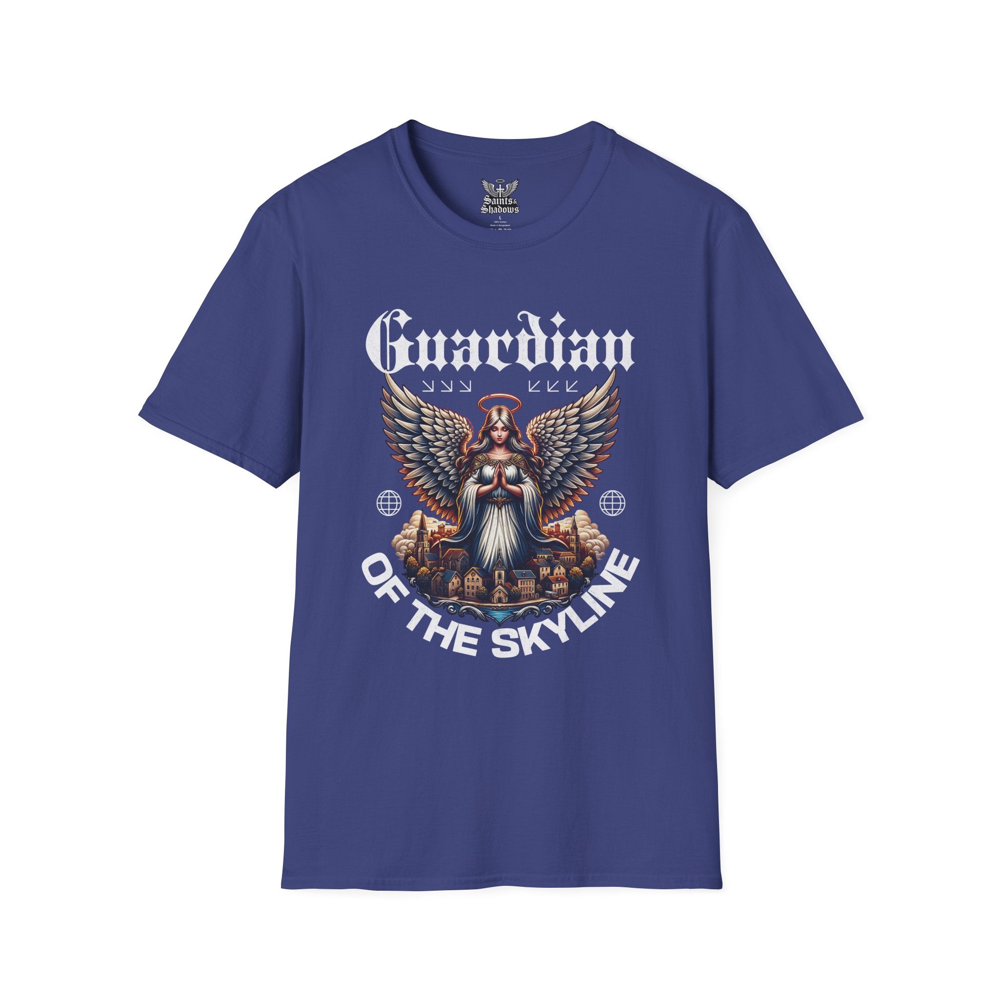 Saints and Shadows - Guardian of the Skyline, Angelic Artwork Unisex Softstyle T-Shirt, Casual Wear