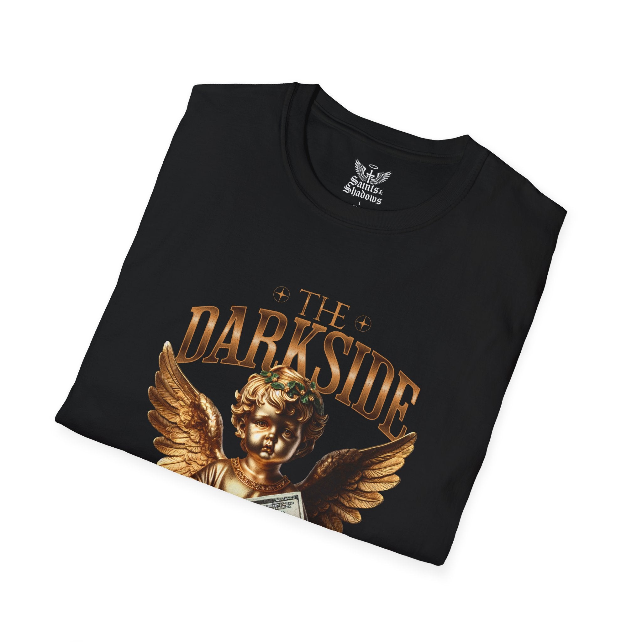 Saints and Shadows - The Darkside of Money, Angelic Artwork Unisex Softstyle T-Shirt, Casual Wear