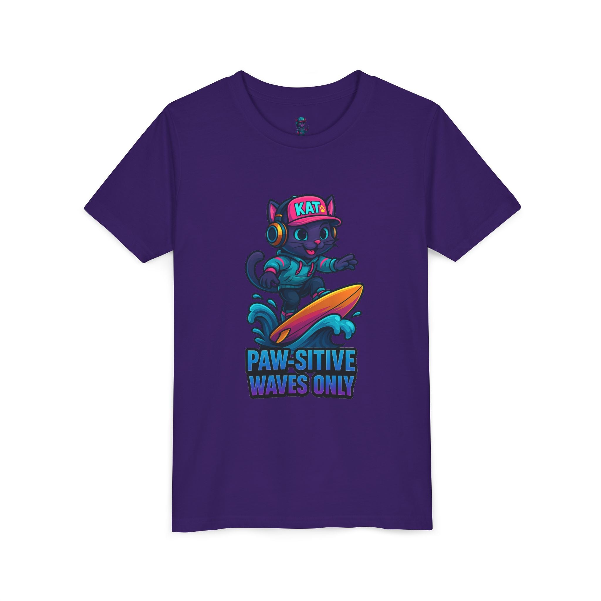 DJ KAT PAWS Paw-Sitive Waves Only, Youth Tee | Kids Surfing T-Shirt, Fun Cat Graphic Top, Summer Apparel, Gifts for Animal Lovers