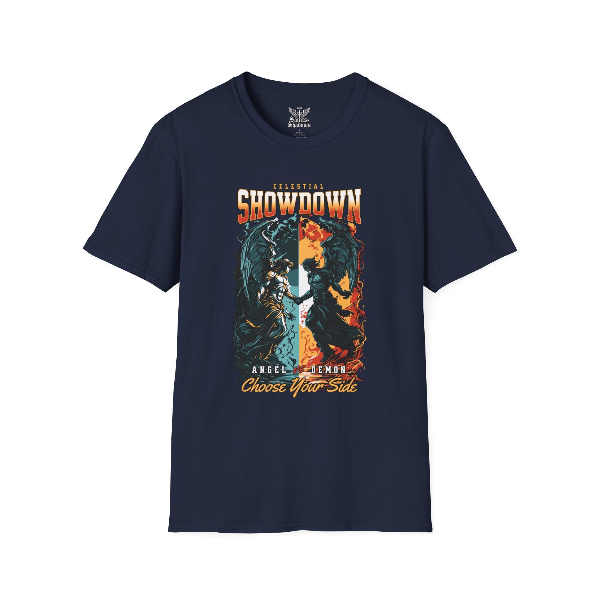 Saints and Shadows - Epic Showdown, Angelic Artwork Unisex Softstyle T-Shirt, Casual Wear