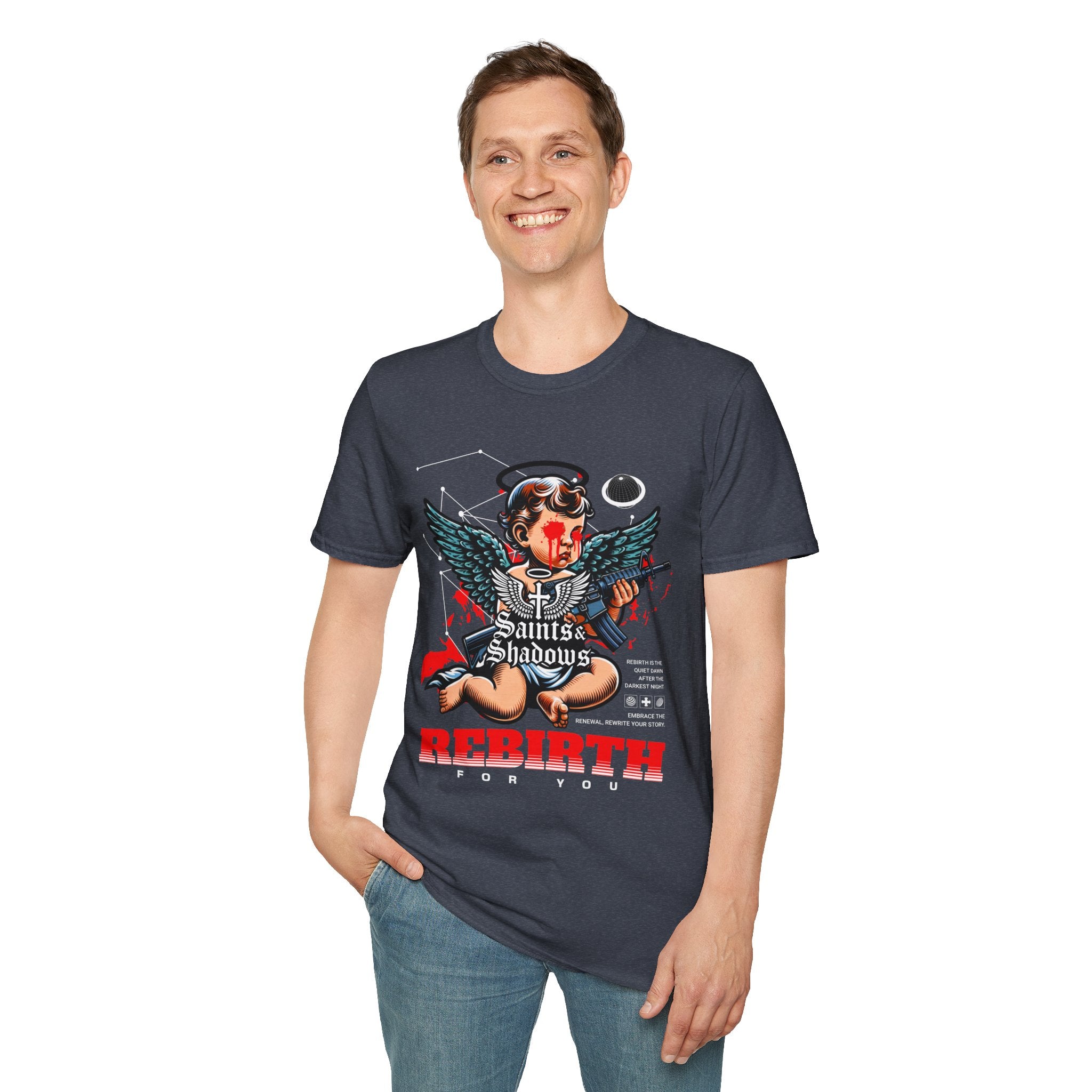 Saints and Shadows - Rebirth, Angelic Artwork Unisex Softstyle T-Shirt, Casual Wear
