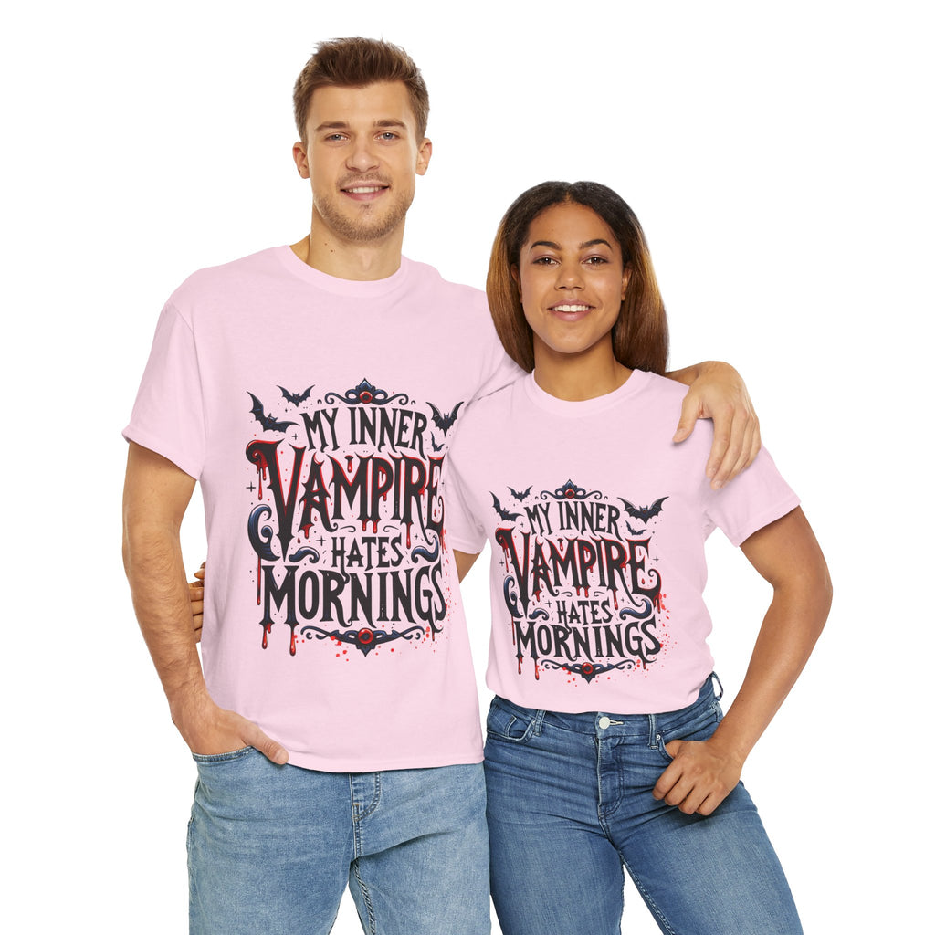 My Inner Vampire Hates Mornings, Tee - Unisex Heavy Cotton Shirt for Halloween, Gifts, Casual Wear, Funny T-Shirt, Vampire Lover Apparel