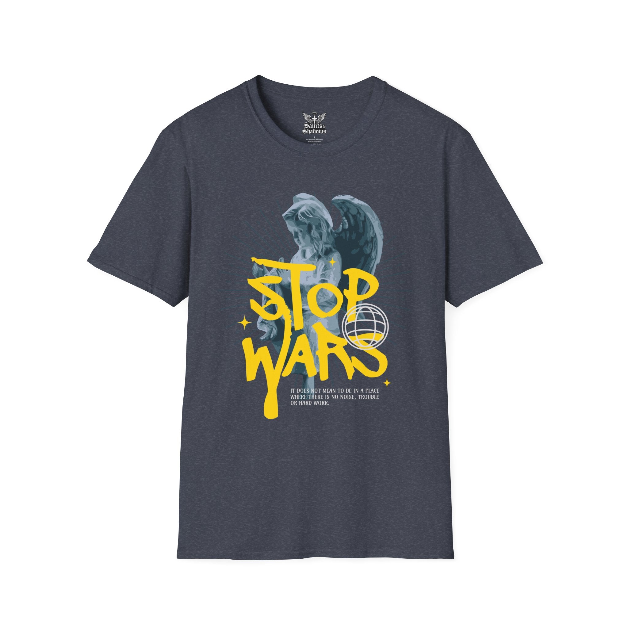 Saints and Shadows - Stop Wars, Angelic Artwork Unisex Softstyle T-Shirt, Casual Wear