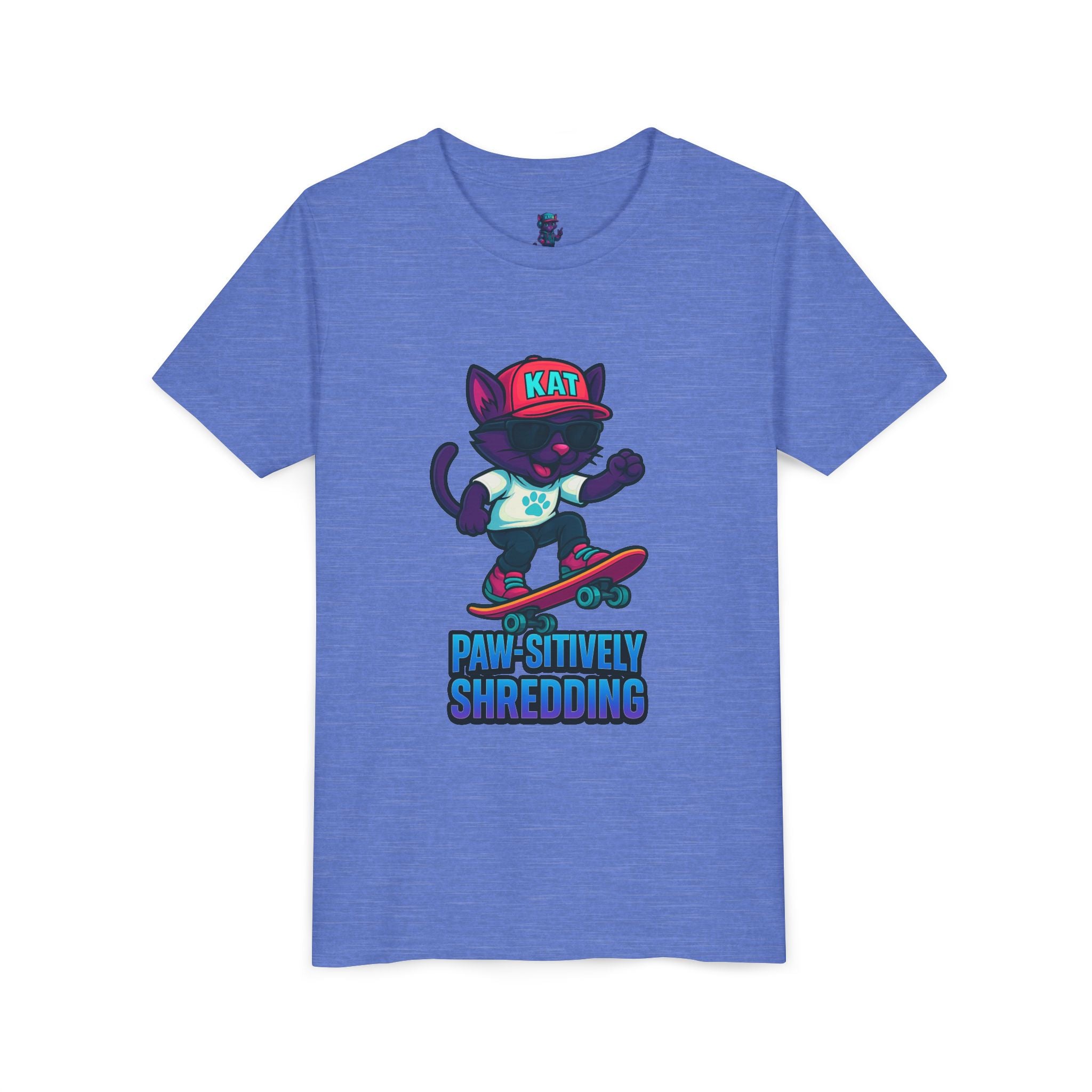 DJ KAT PAWS Paw-sitively Shredding, Skateboarding Youth Tee | Fun Summer Shirt, Motivational Kids T-Shirt, Birthday Gift for Boys & Girls