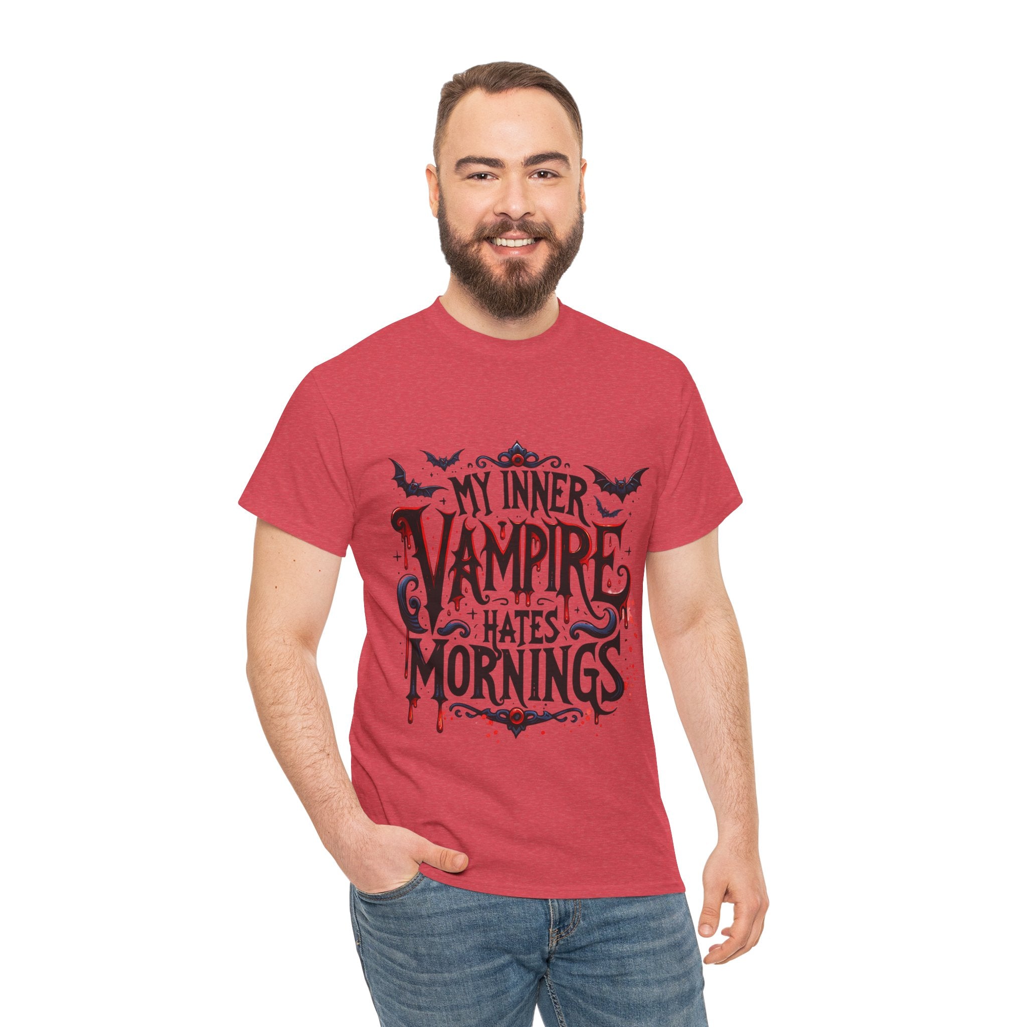 My Inner Vampire Hates Mornings, Tee - Unisex Heavy Cotton Shirt for Halloween, Gifts, Casual Wear, Funny T-Shirt, Vampire Lover Apparel
