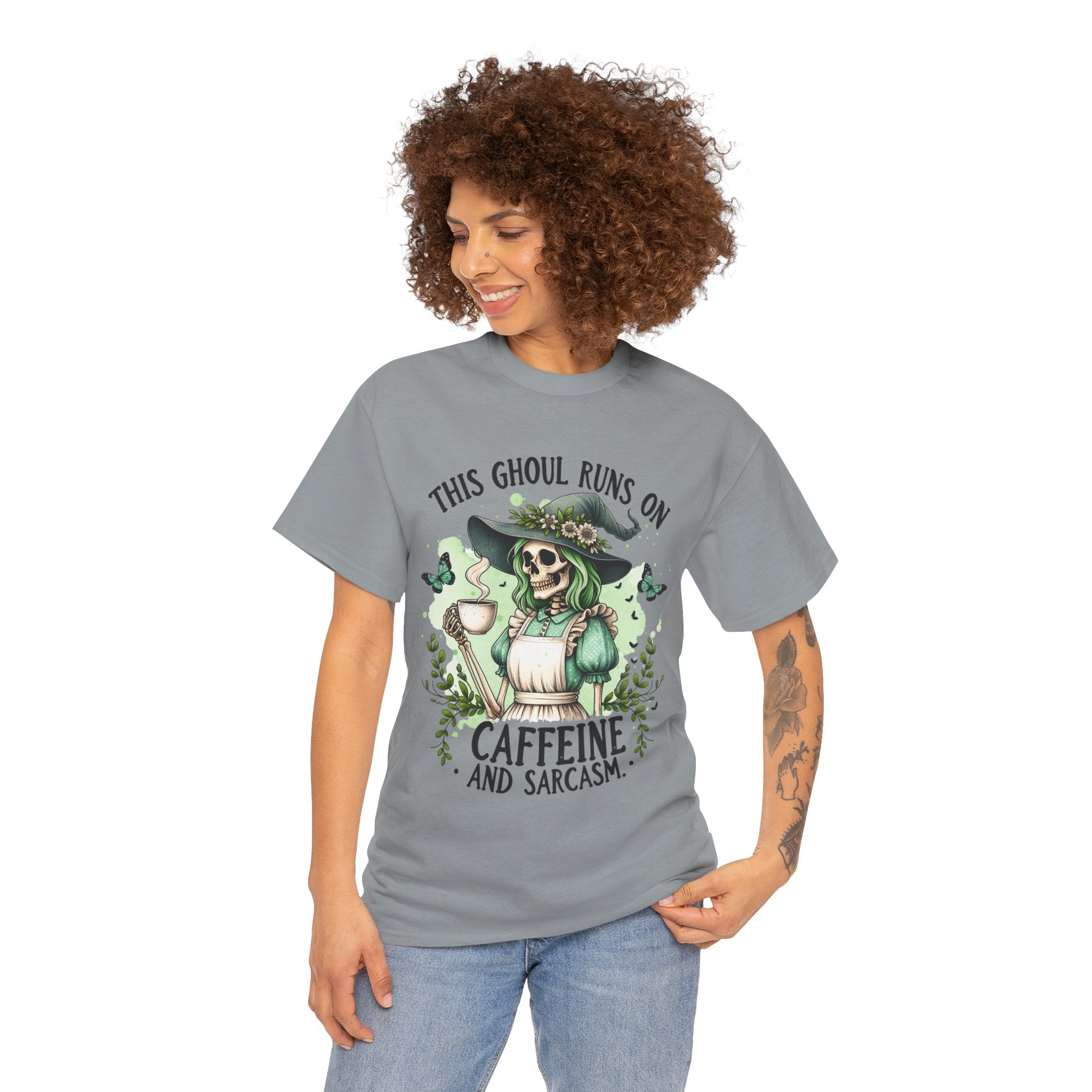 Caffeine and Sarcasm, Funny Halloween Tee, Unisex Tee, Perfect for Gifting, October Festivities, Casual Wear, Skeleton Graphic Tee